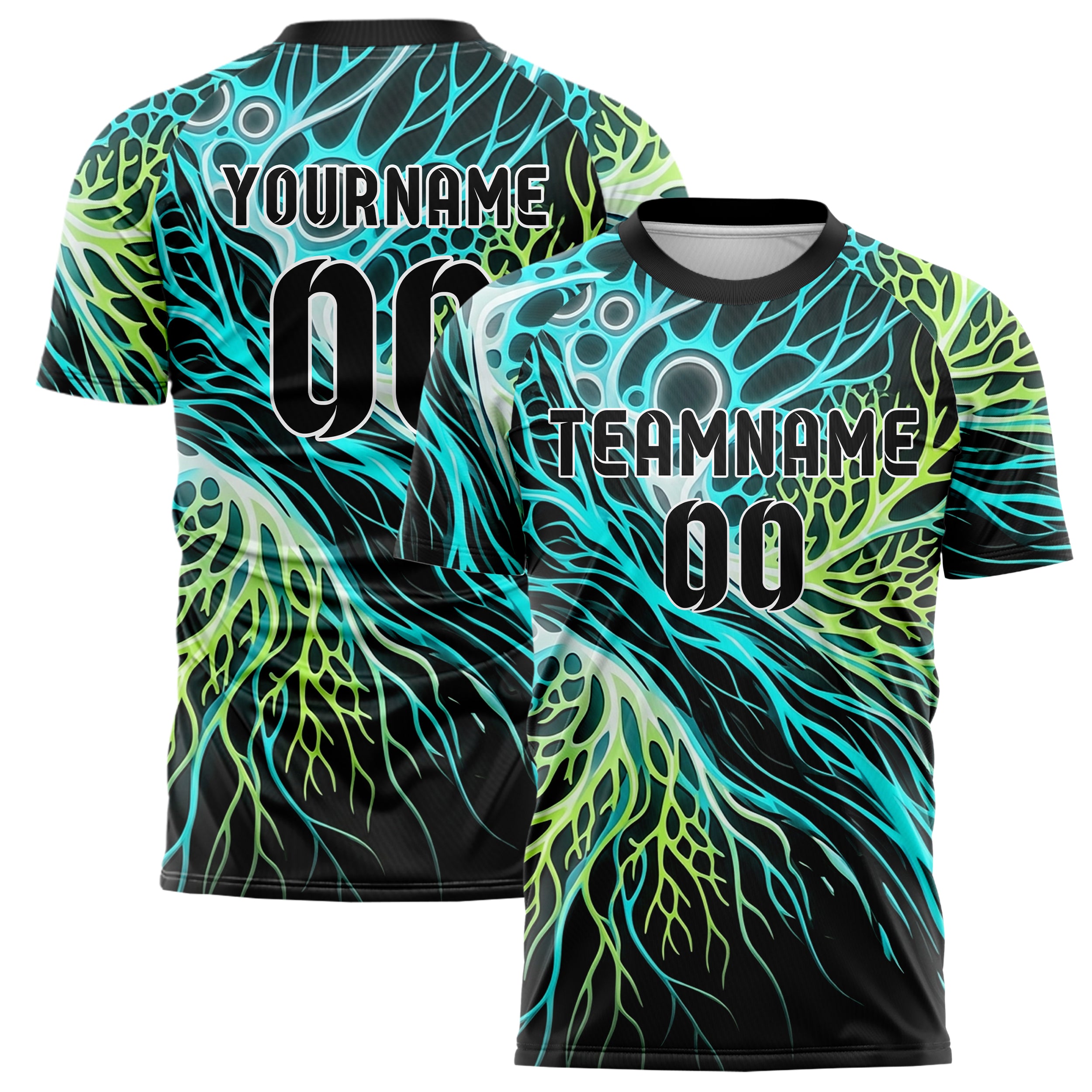 Black Cyan Lime White Bioluminescent Cell Burst Custom Soccer Jersey