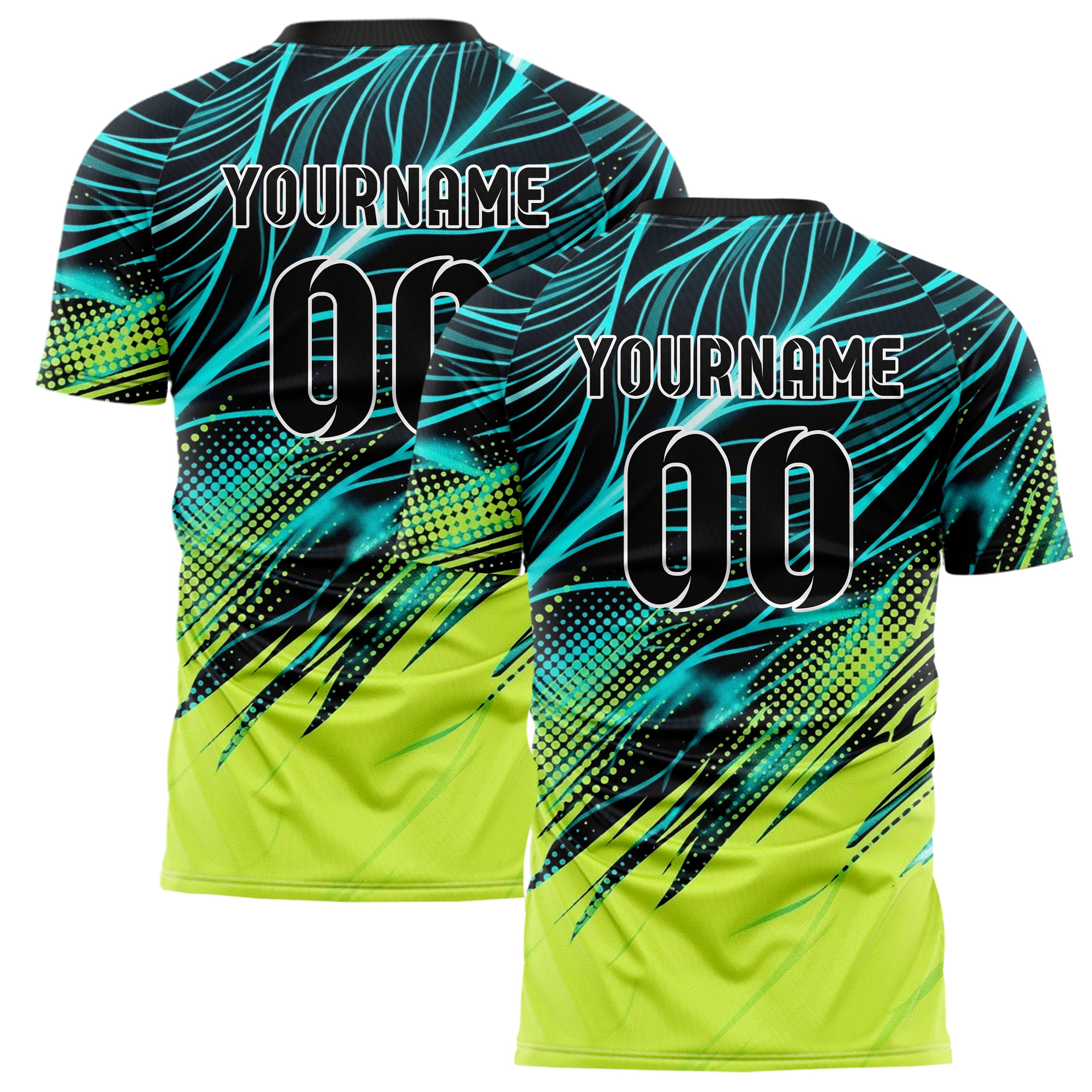 Black Cyan Lime White Leafvein Vector Sweep Custom Soccer Jersey
