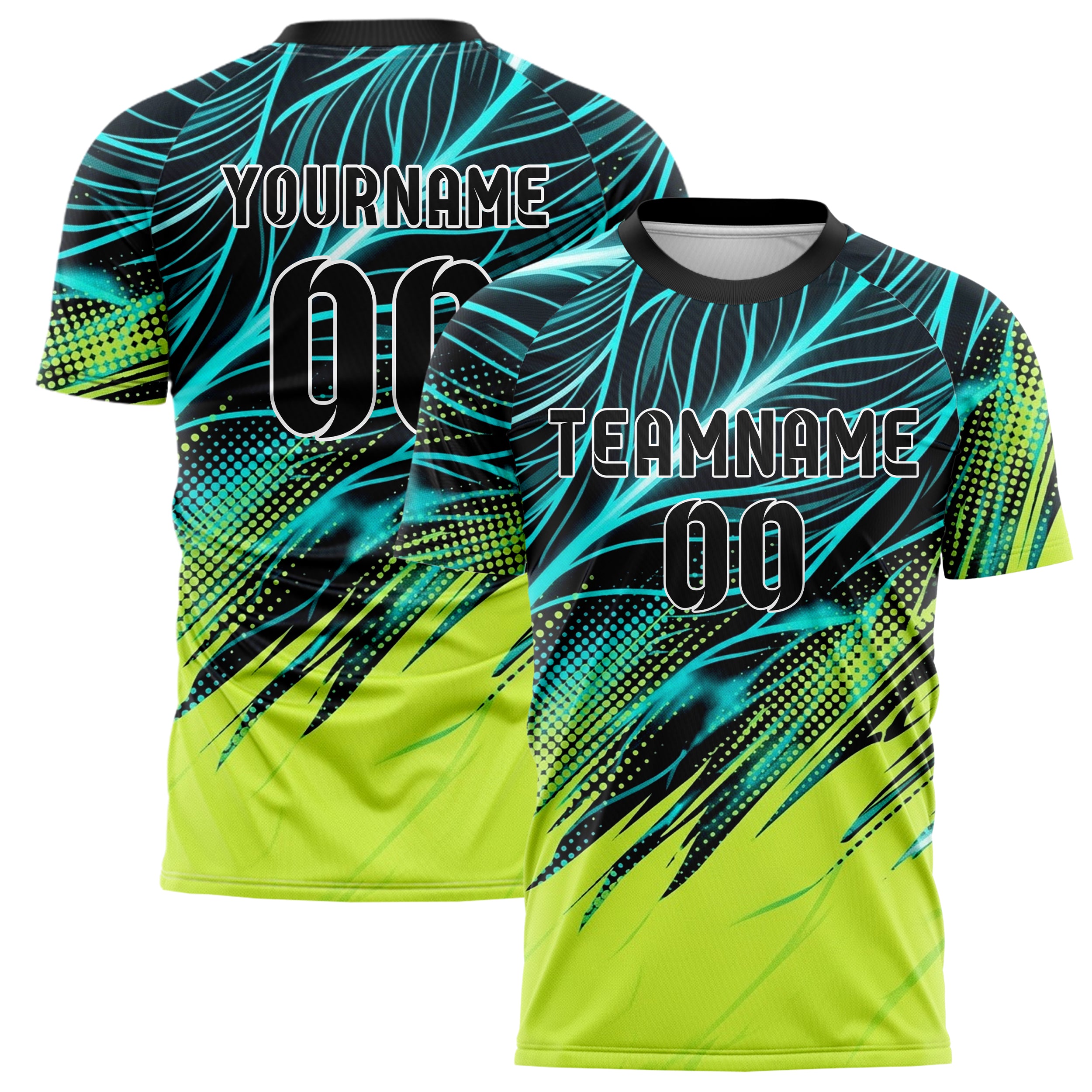 Black Cyan Lime White Leafvein Vector Sweep Custom Soccer Jersey