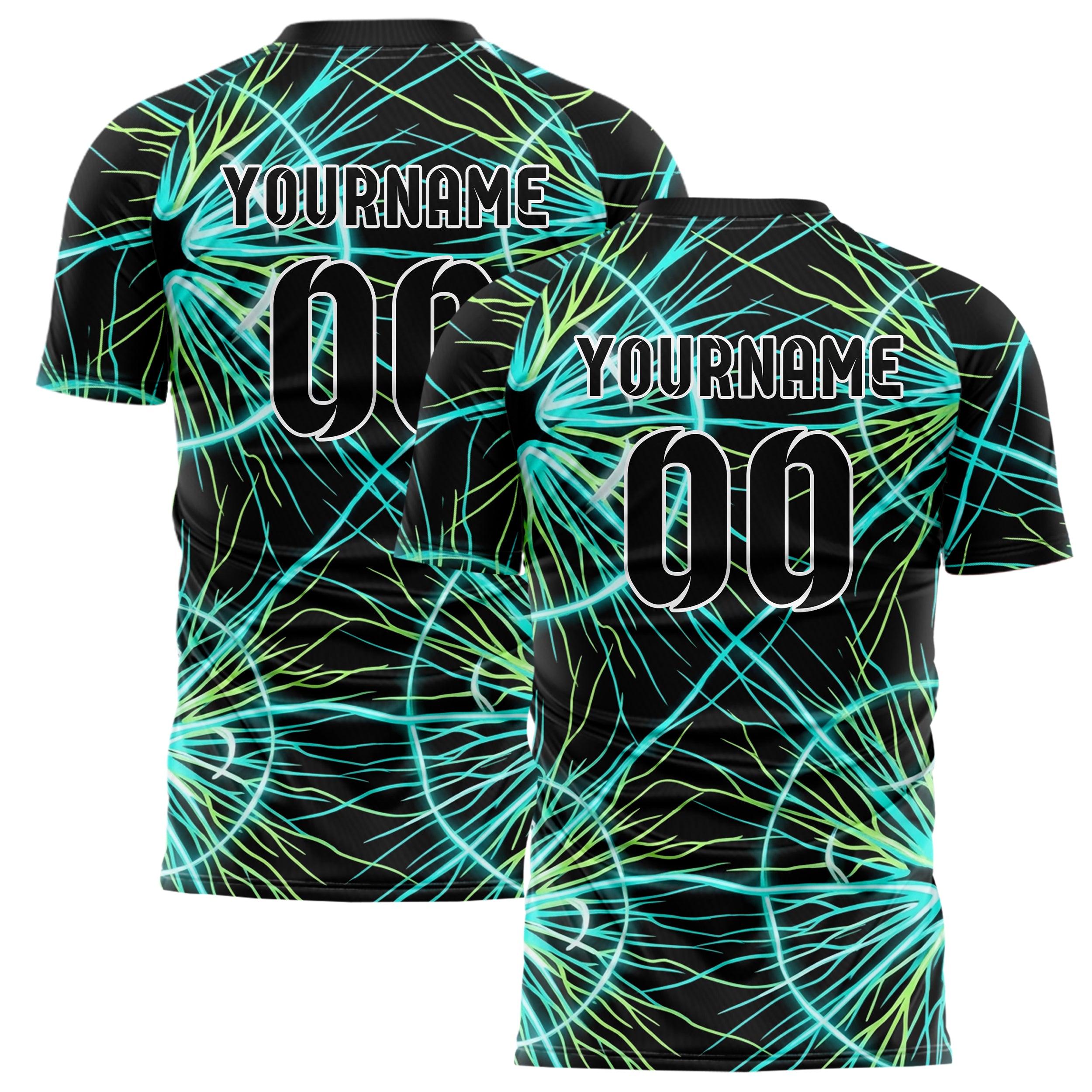 Black Cyan Lime White Bioluminescent Cell Burst Custom Soccer Jersey