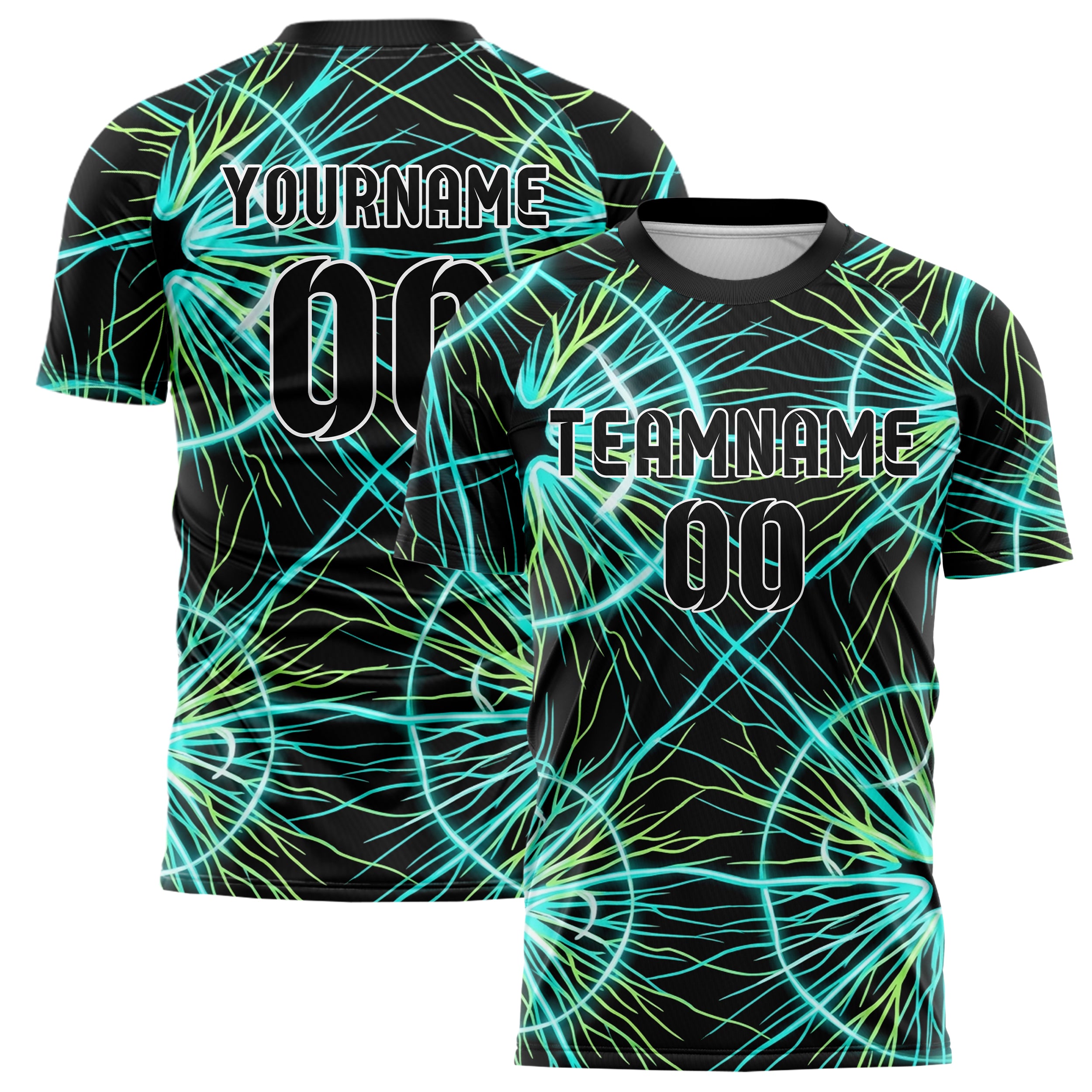 Black Cyan Lime White Bioluminescent Cell Burst Custom Soccer Jersey