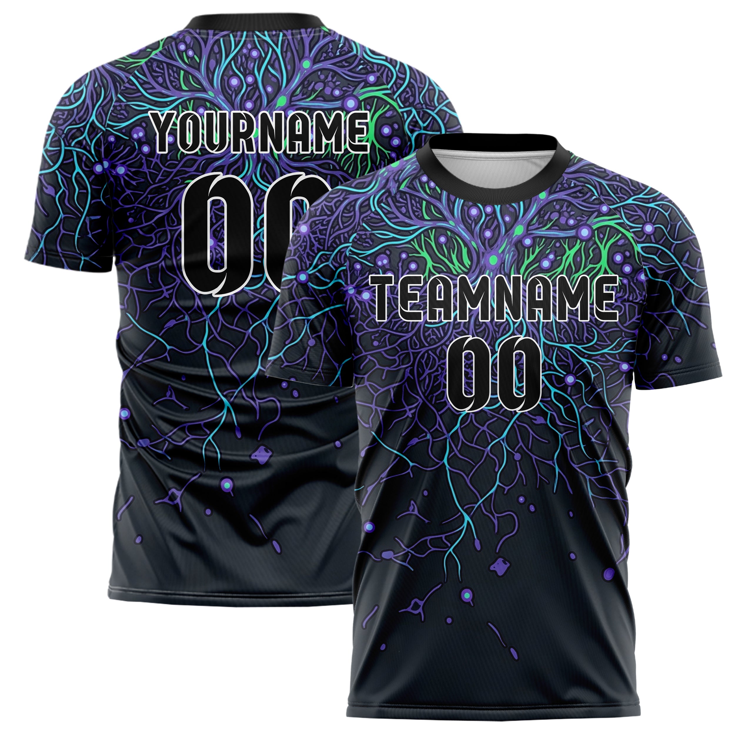 Graphite Violet Cyan Green Mycelium Signal Map Custom Soccer Jersey