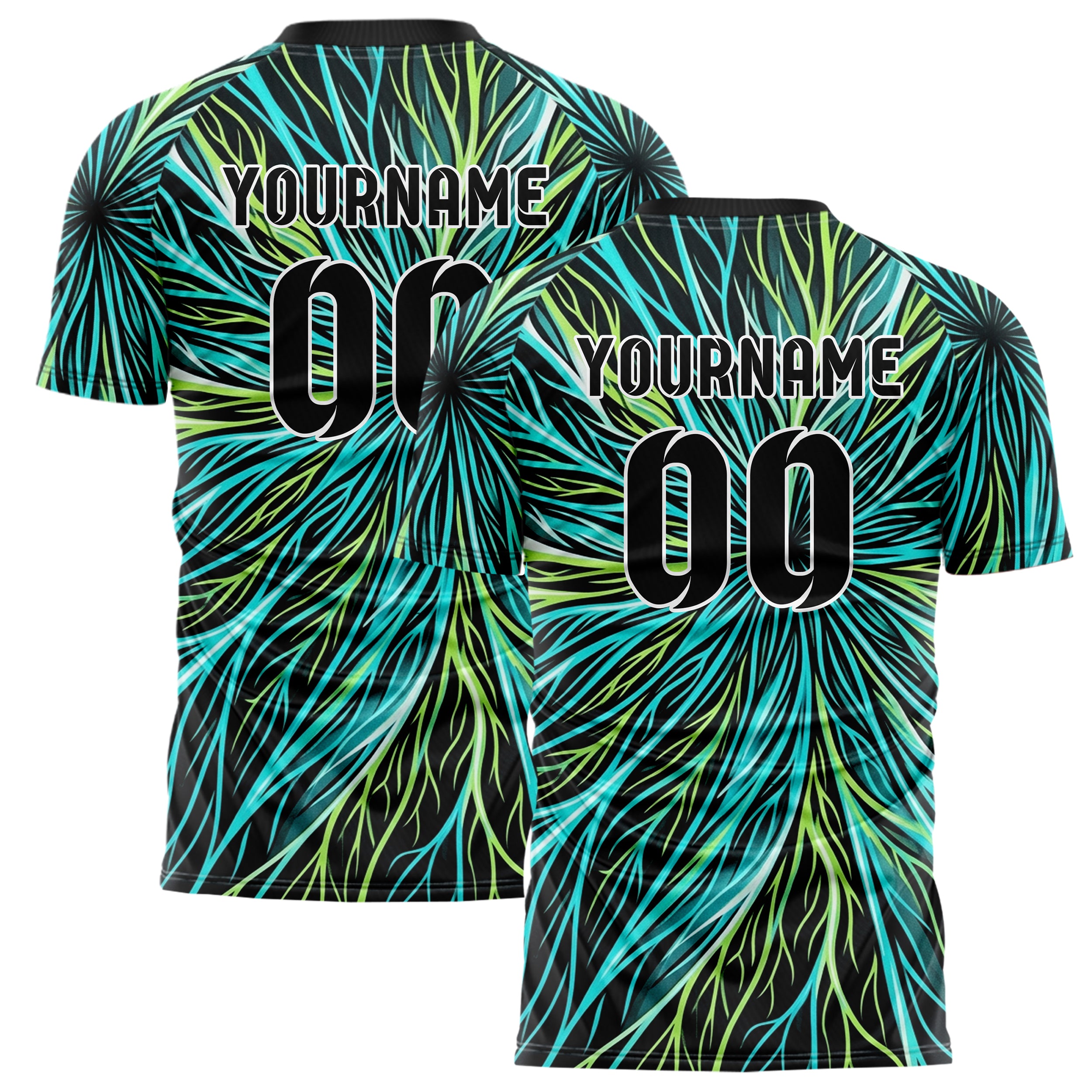 Black Cyan Lime White Leafvein Vector Sweep Custom Soccer Jersey