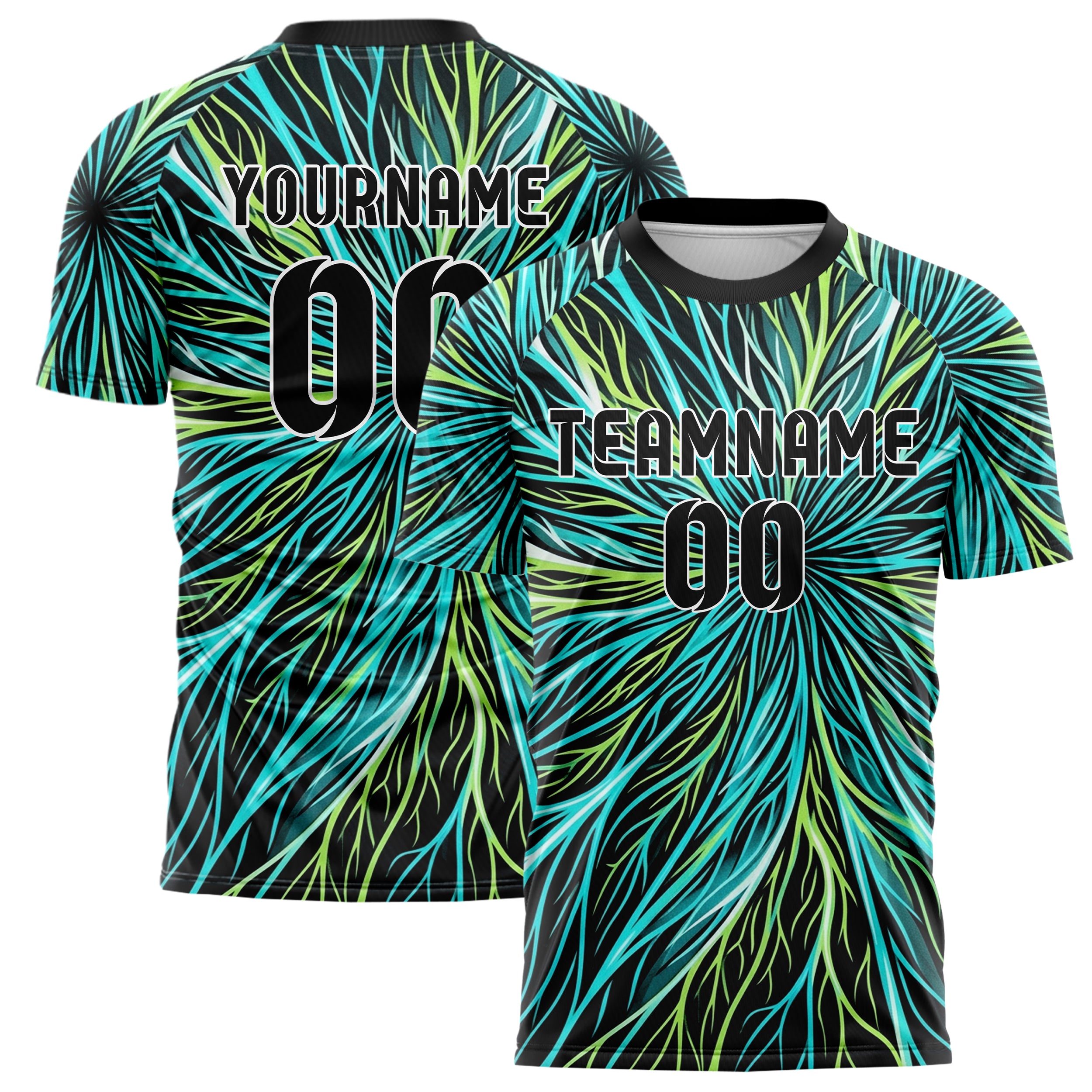 Black Cyan Lime White Leafvein Vector Sweep Custom Soccer Jersey