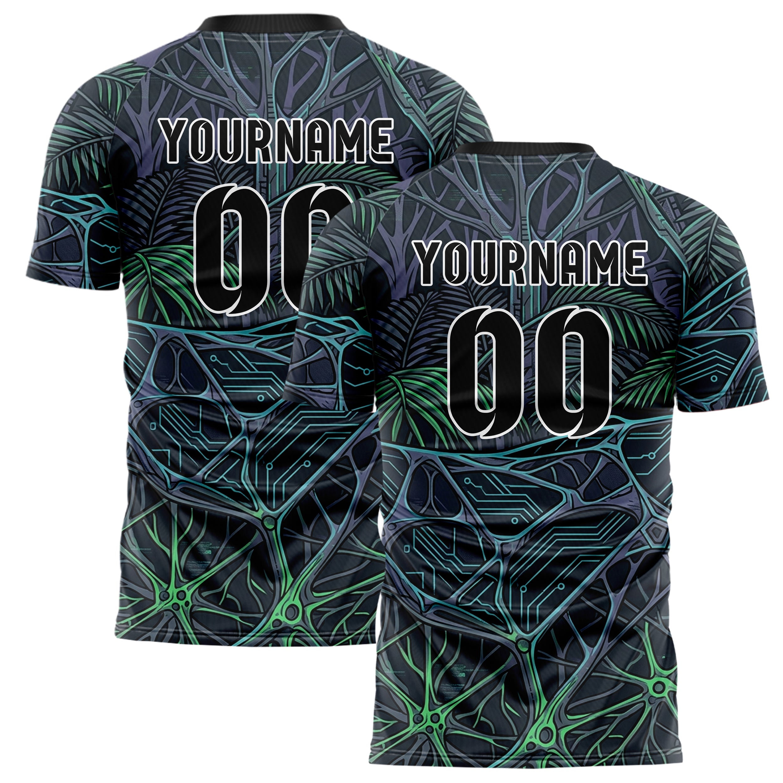 Graphite Violet Cyan Green Biomechanical Canopy Grid Custom Soccer Jersey