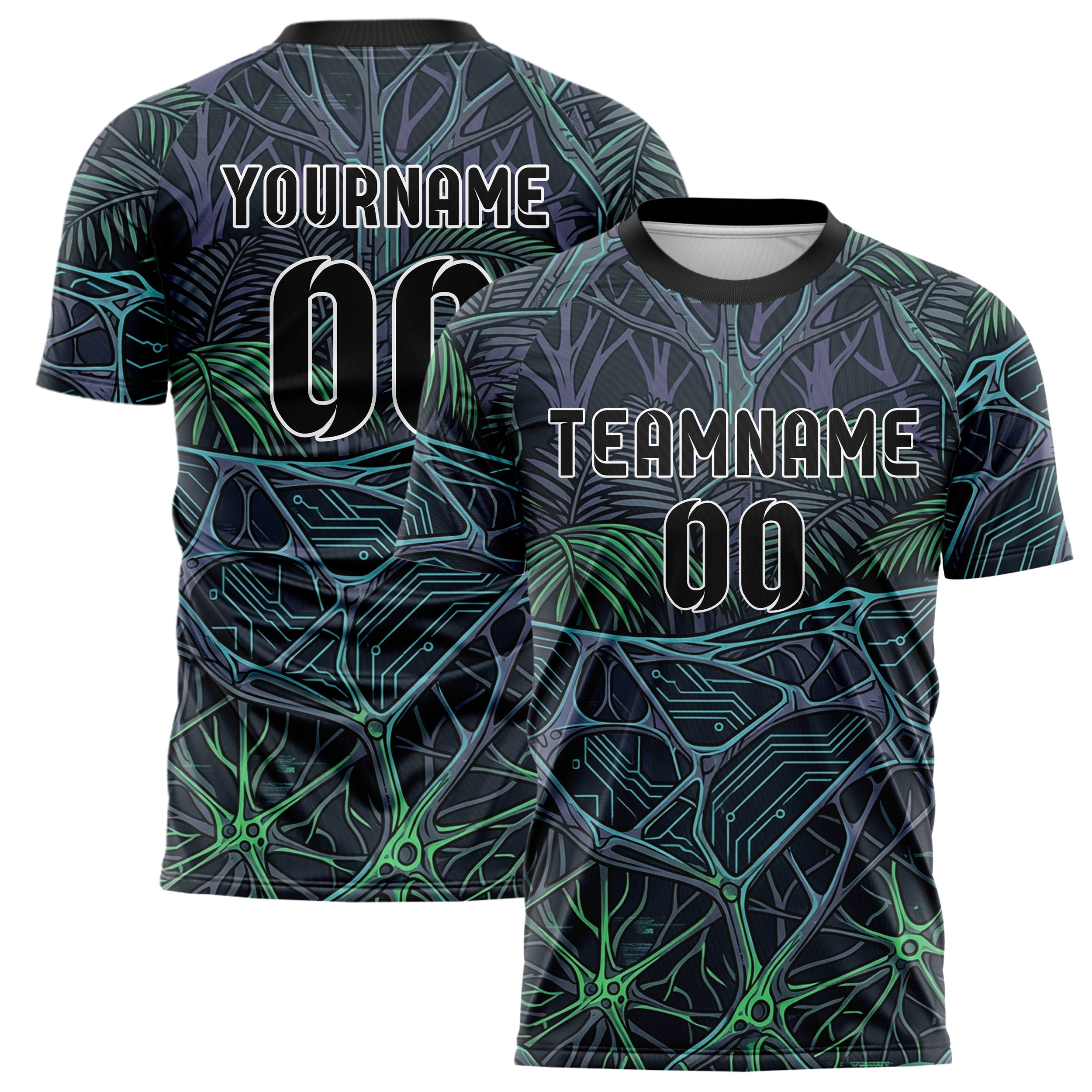 Graphite Violet Cyan Green Biomechanical Canopy Grid Custom Soccer Jersey