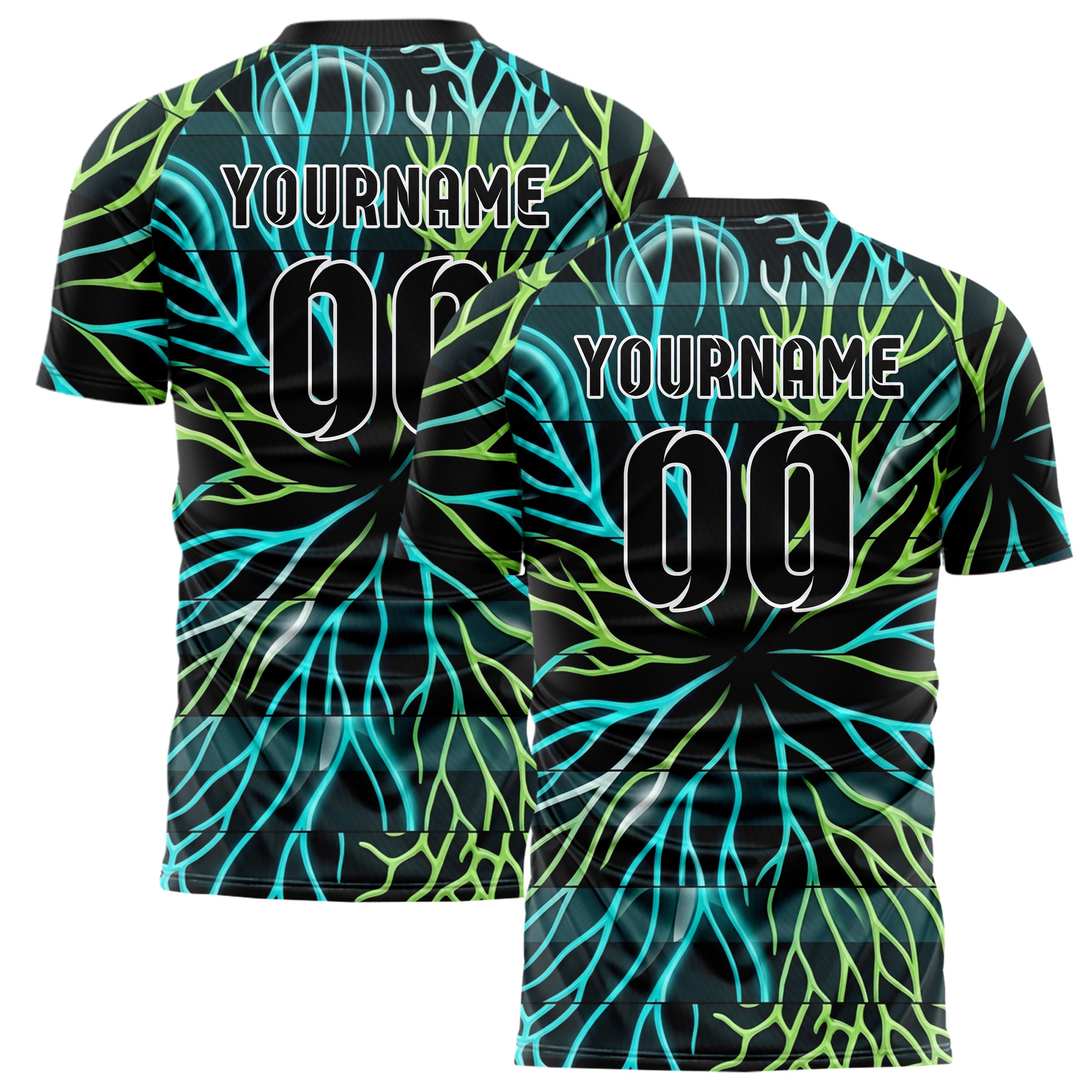 Black Cyan Lime White Bioluminescent Cell Burst Custom Soccer Jersey
