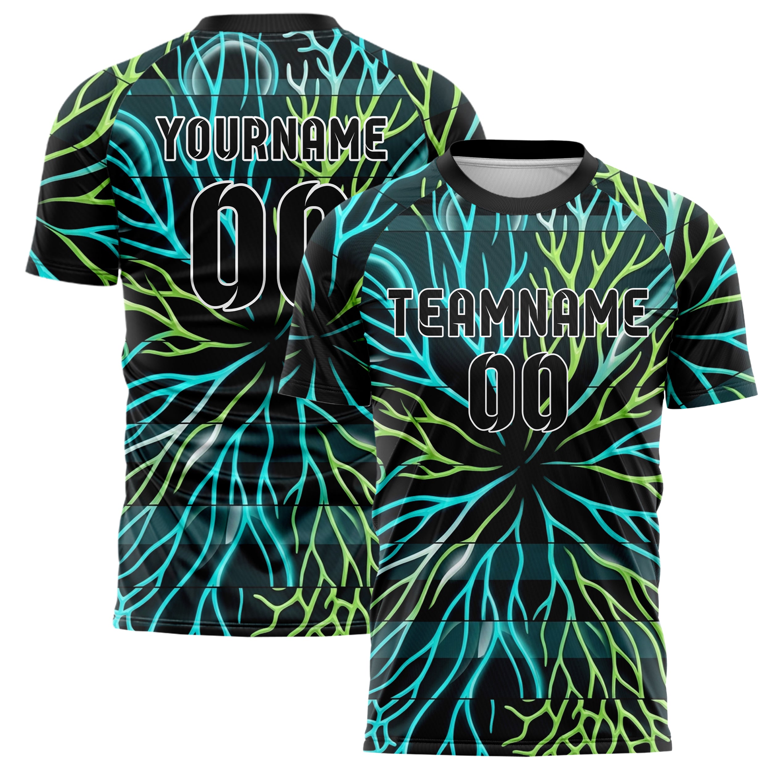 Black Cyan Lime White Bioluminescent Cell Burst Custom Soccer Jersey