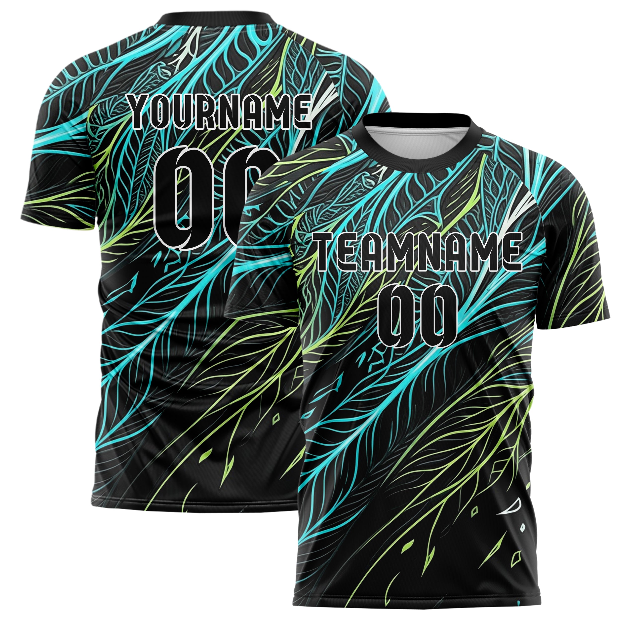 Black Cyan Lime White Leafvein Vector Sweep Custom Soccer Jersey
