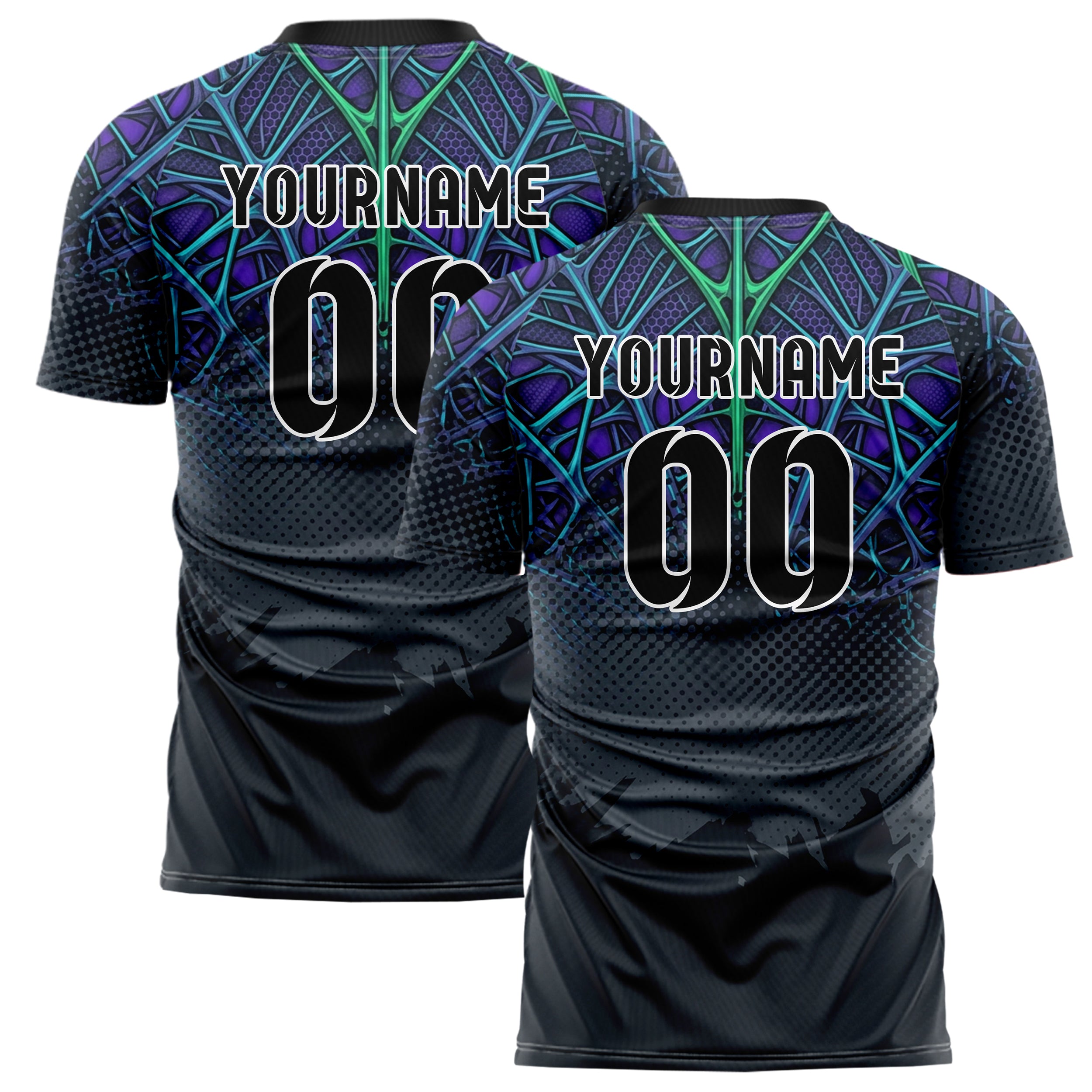 Graphite Violet Cyan Green Biomechanical Canopy Grid Custom Soccer Jersey