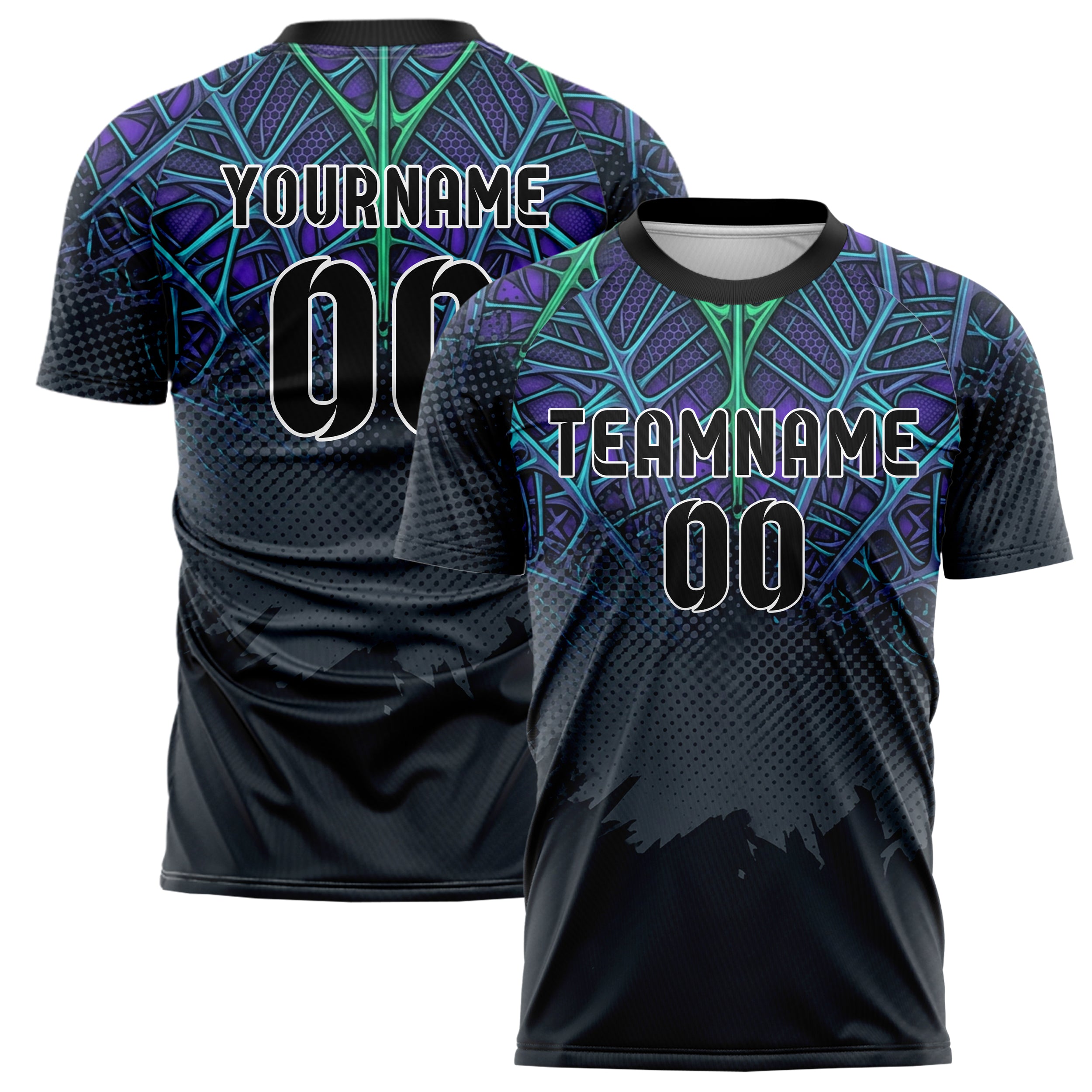 Graphite Violet Cyan Green Biomechanical Canopy Grid Custom Soccer Jersey