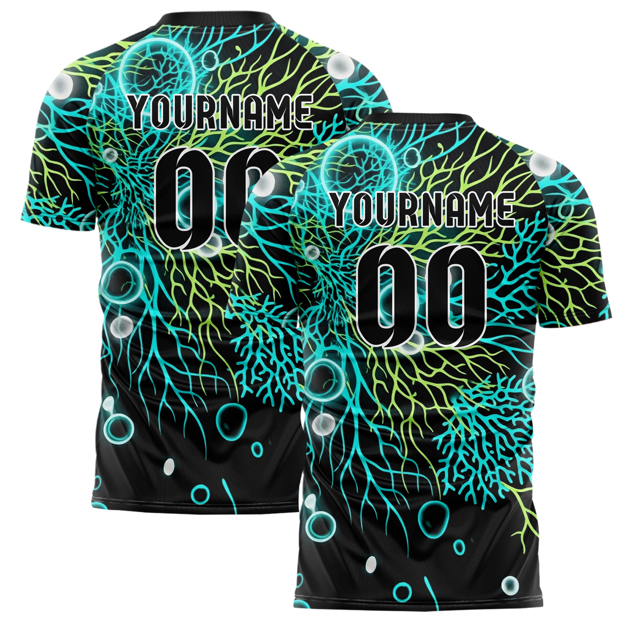 Black Cyan Lime White Bioluminescent Cell Burst Custom Soccer Jersey