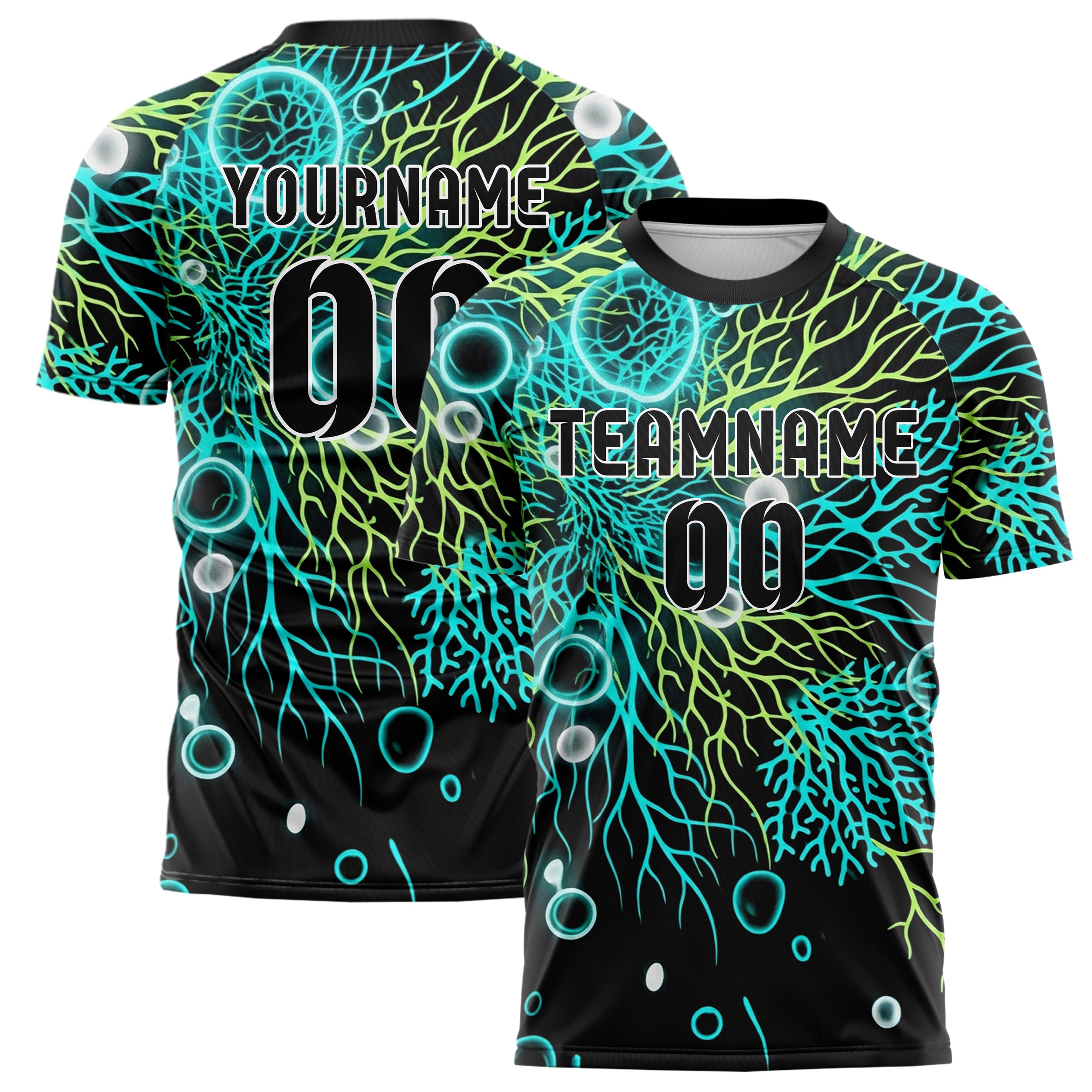 Black Cyan Lime White Bioluminescent Cell Burst Custom Soccer Jersey