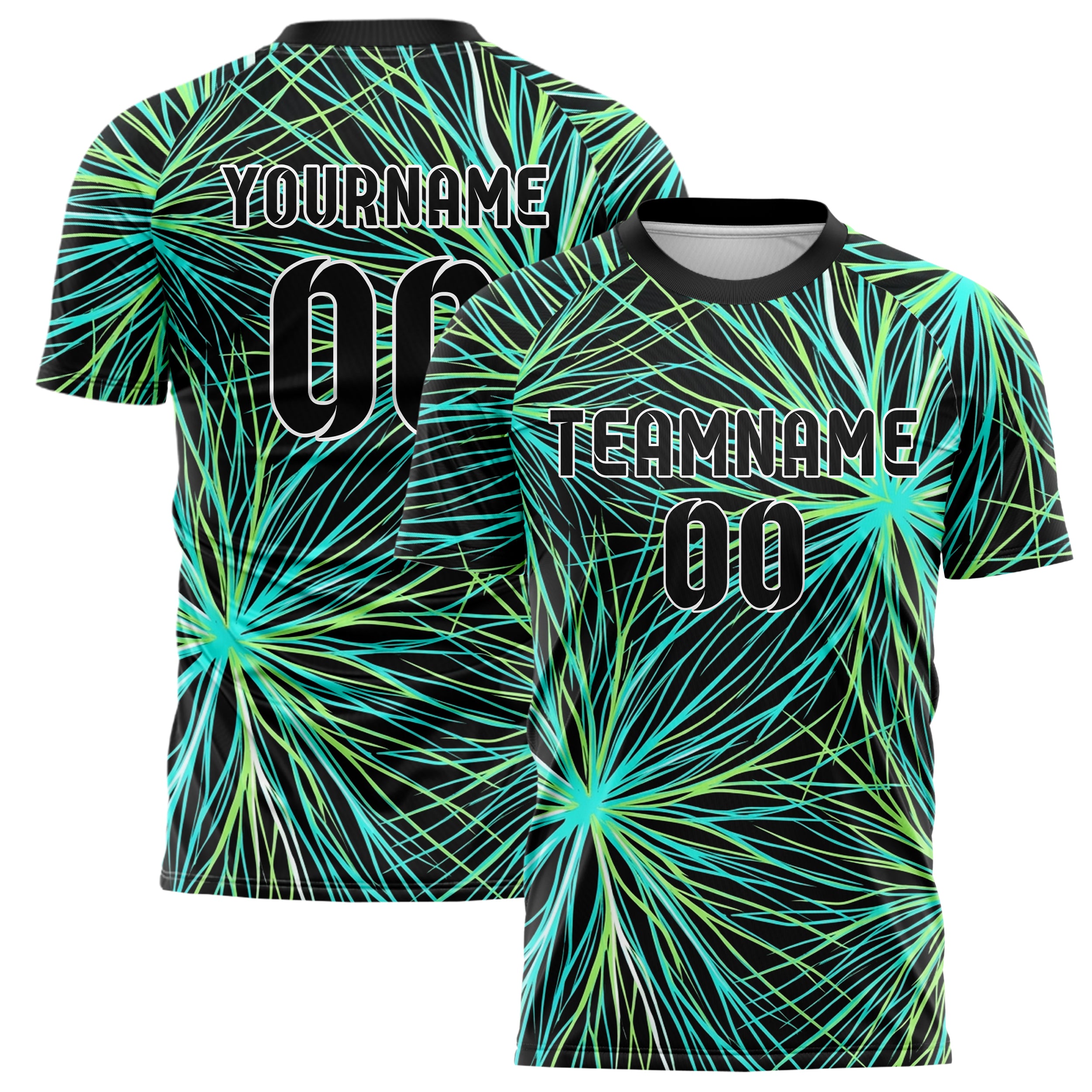 Black Cyan Lime White Leafvein Vector Sweep Custom Soccer Jersey