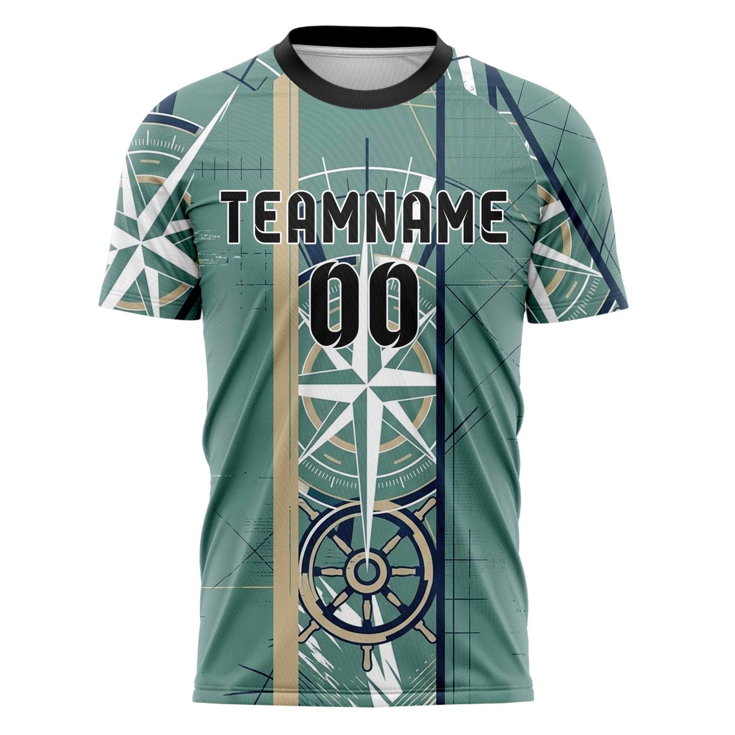 Sea Green White Navy Sand Compass Burst Geometry Custom Soccer Jersey