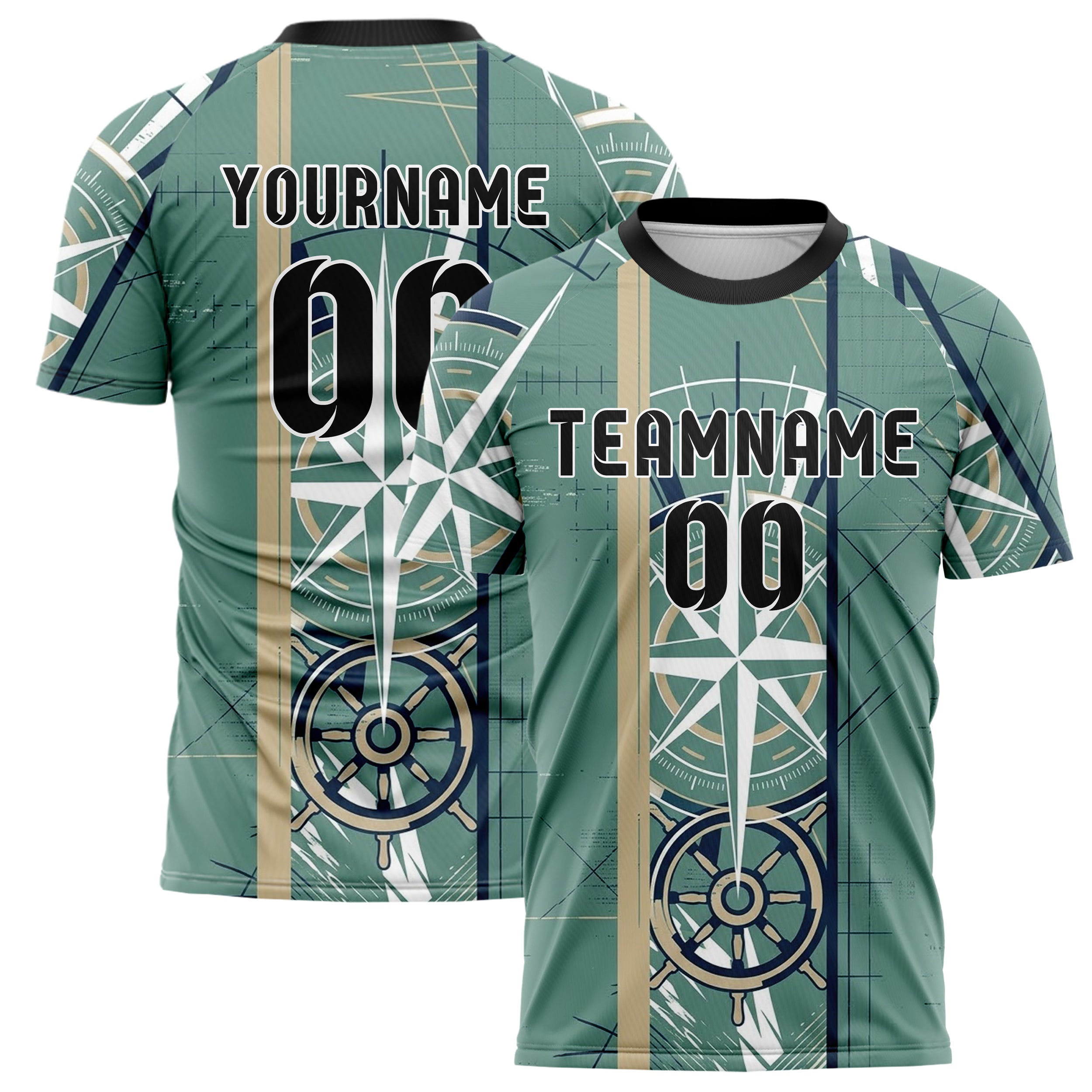 Sea Green White Navy Sand Compass Burst Geometry Custom Soccer Jersey