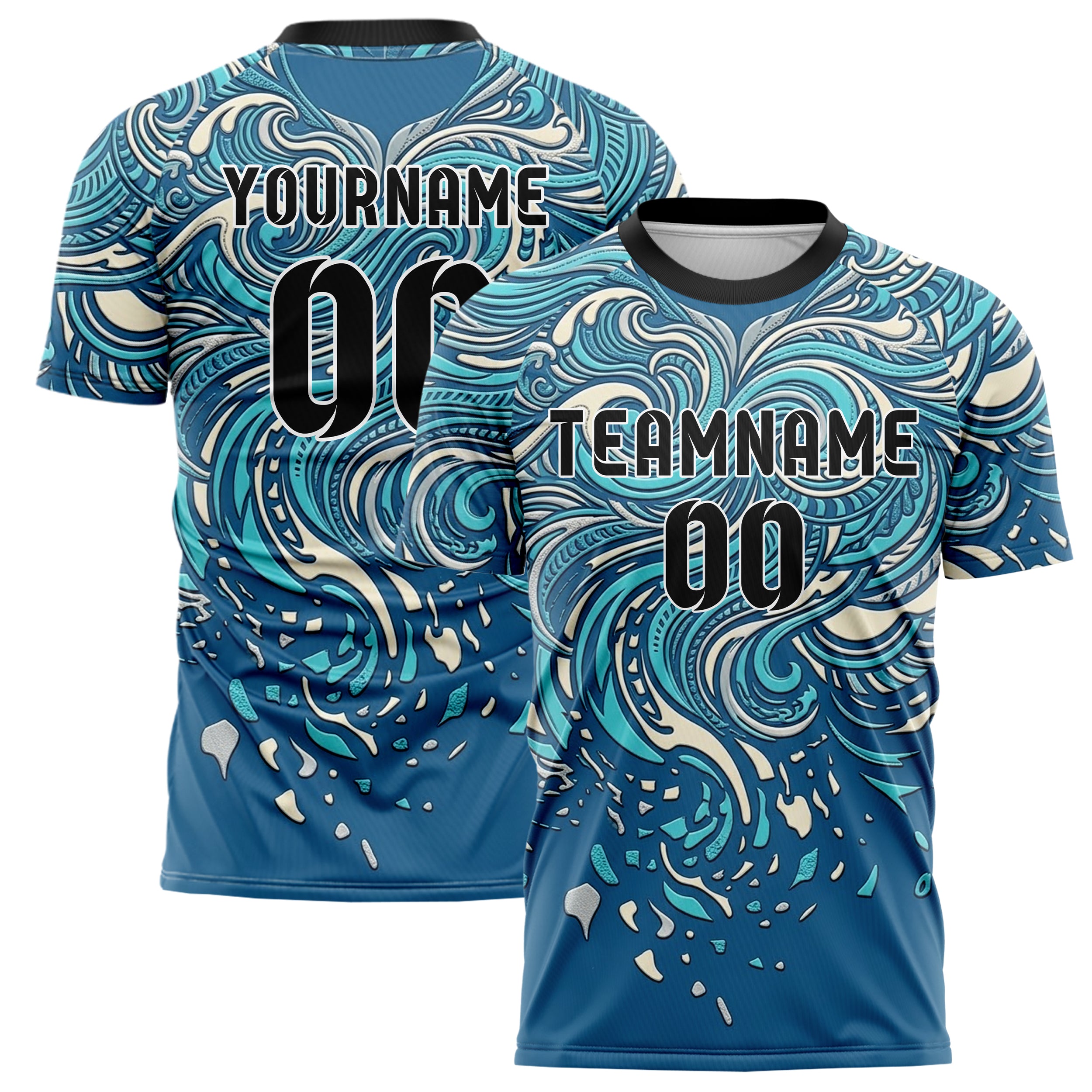 Ocean Blue Aqua Cream Silver Tide Contour Waves Custom Soccer Jersey