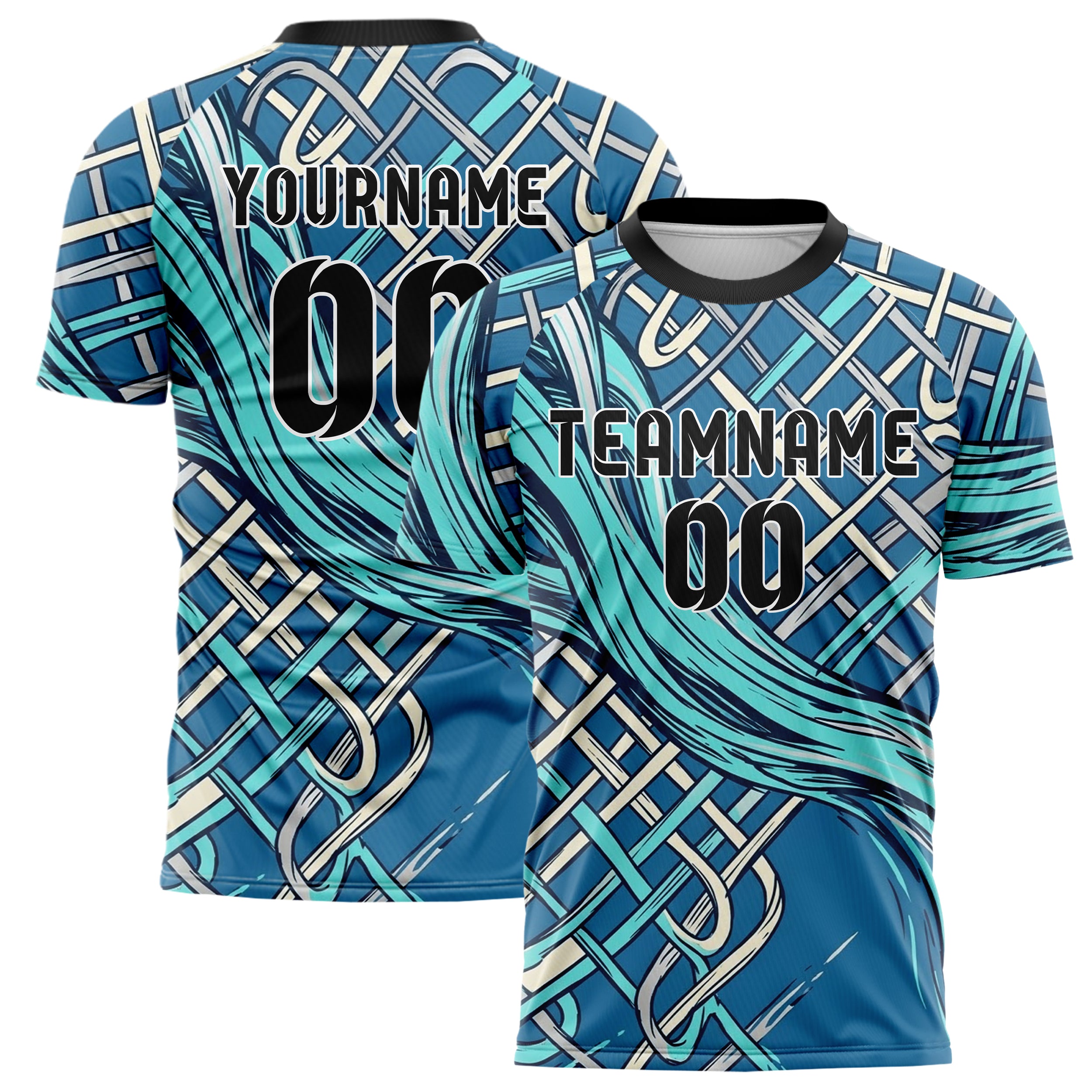 Ocean Blue Aqua Cream Silver Knotwork Current Web Custom Soccer Jersey