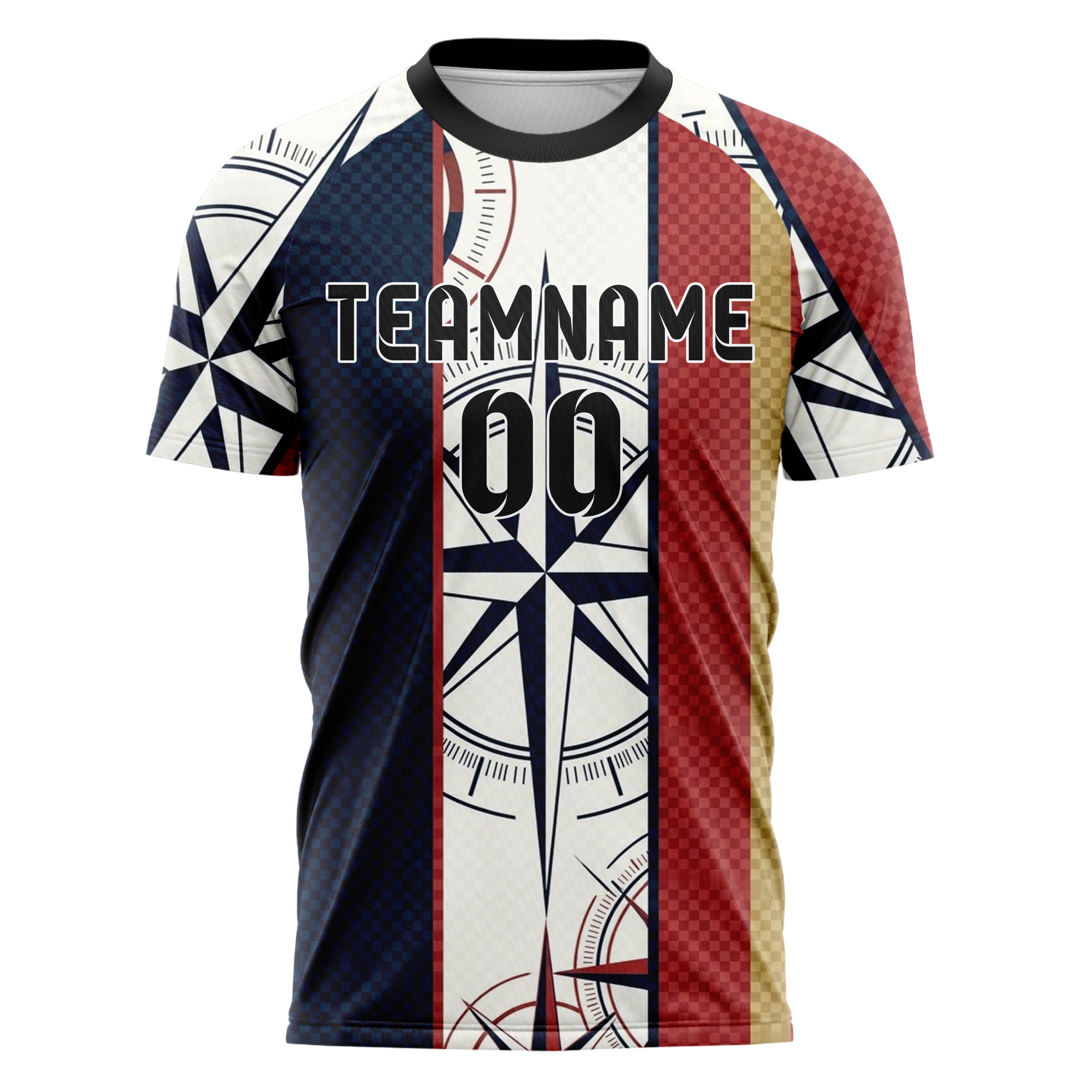 Navy White Red Gold Compass Burst Geometry Custom Soccer Jersey