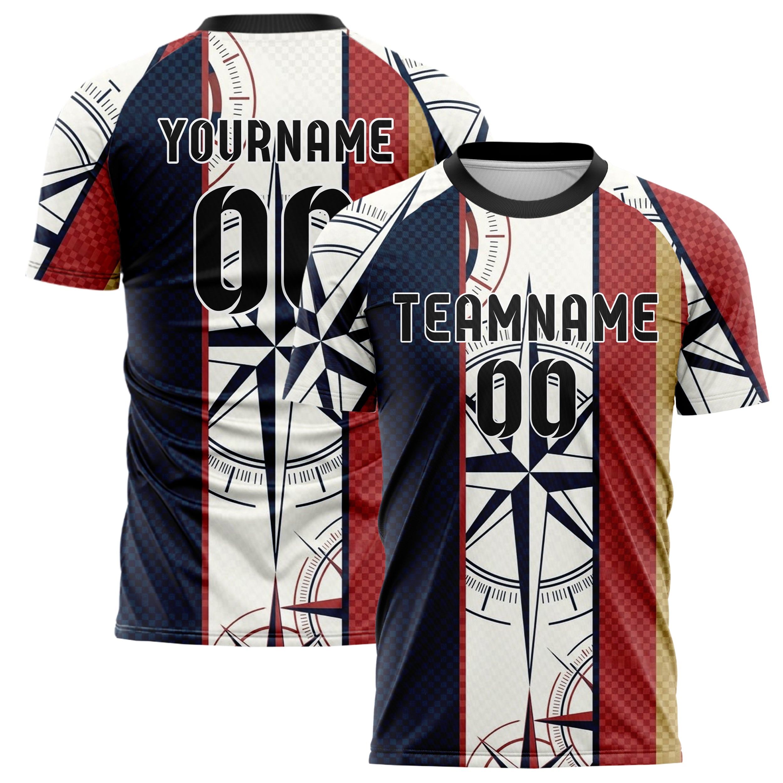Navy White Red Gold Compass Burst Geometry Custom Soccer Jersey