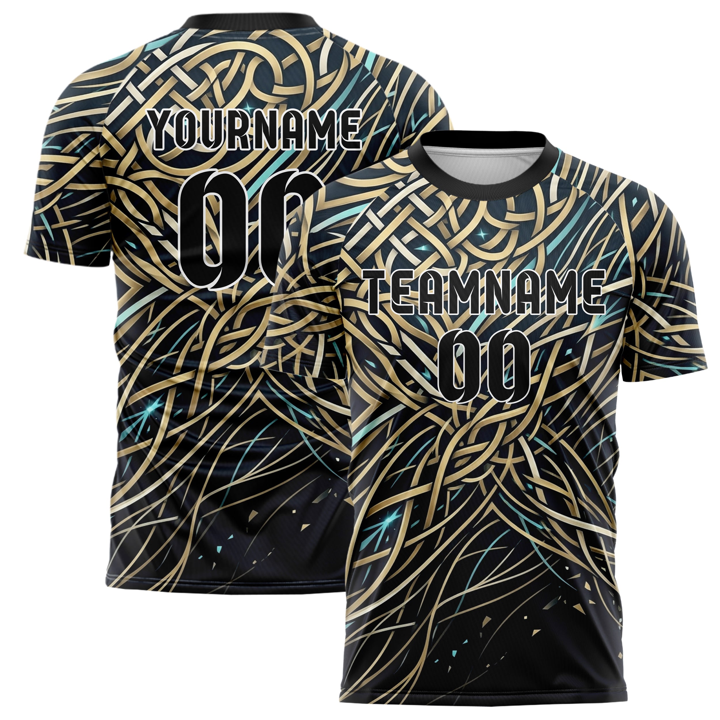 Midnight Gold Ivory Cyan Knotwork Current Web Custom Soccer Jersey