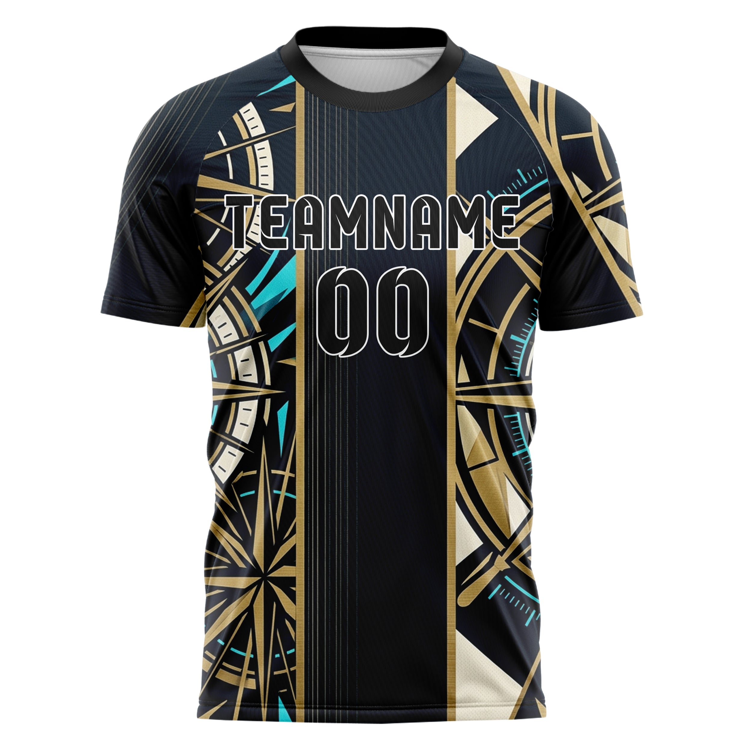 Midnight Gold Ivory Cyan Compass Burst Geometry Custom Soccer Jersey