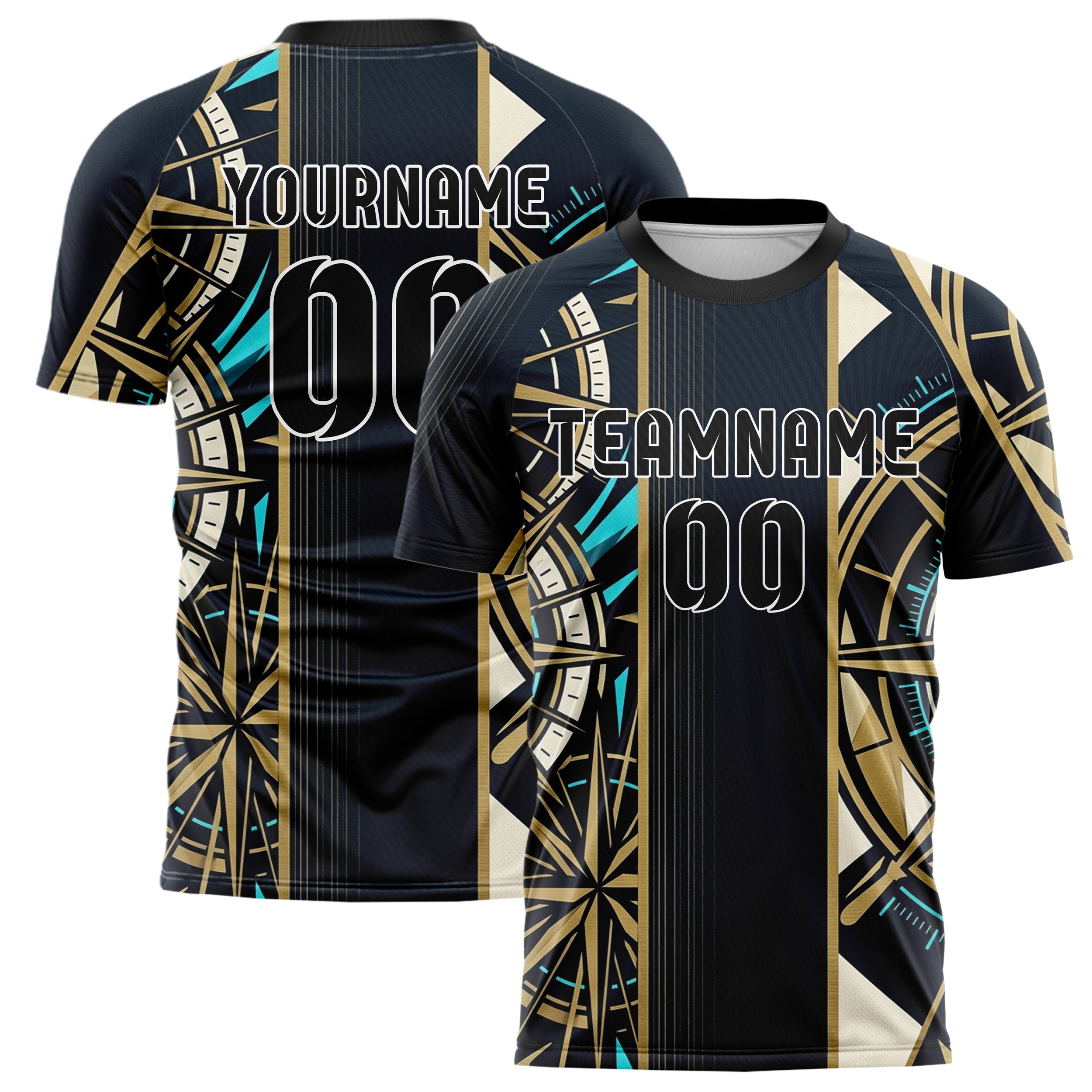 Midnight Gold Ivory Cyan Compass Burst Geometry Custom Soccer Jersey