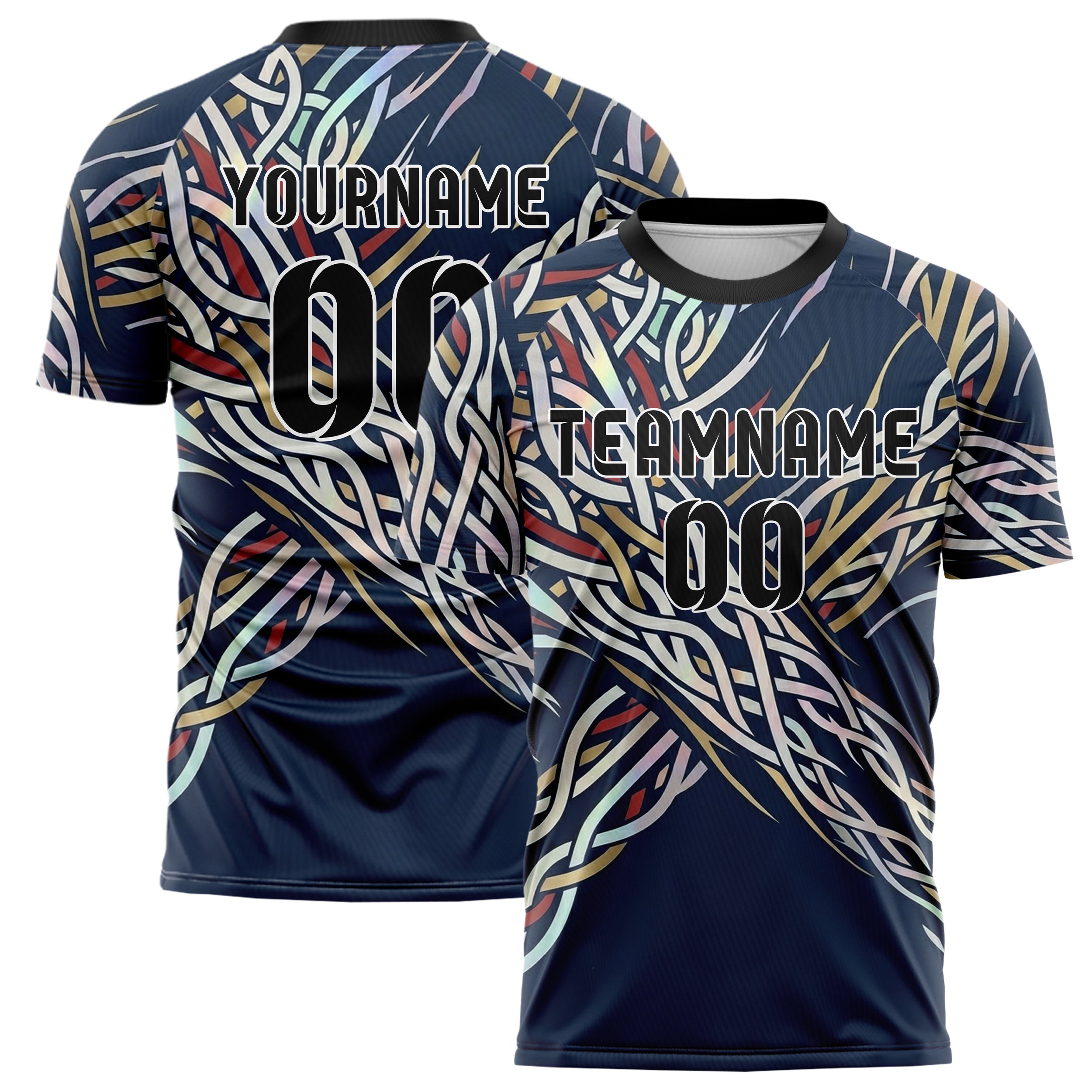 Navy White Red Gold Knotwork Current Web Custom Soccer Jersey
