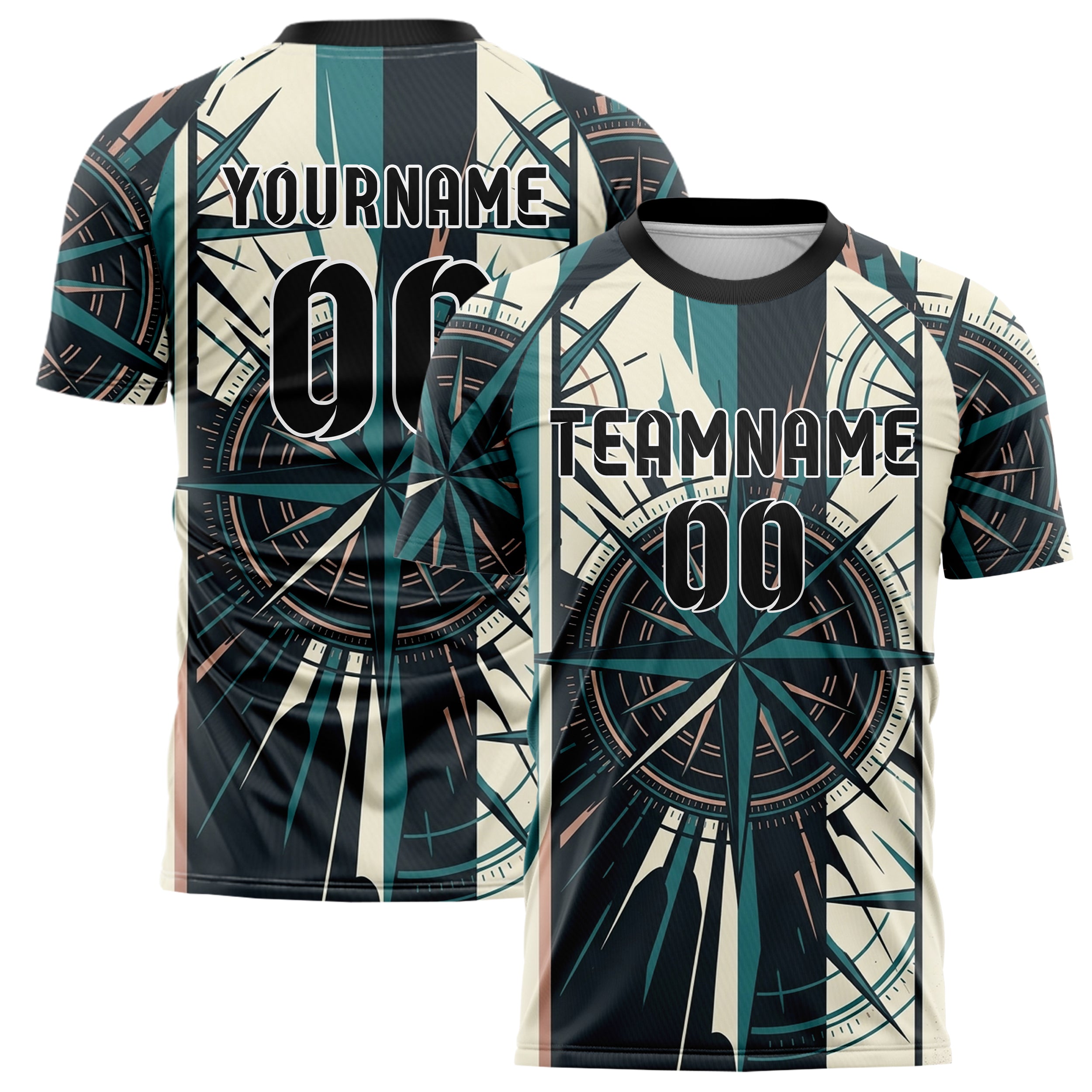Charcoal Teal Cream Rose Gold Compass Burst Geometry Custom Soccer Jersey