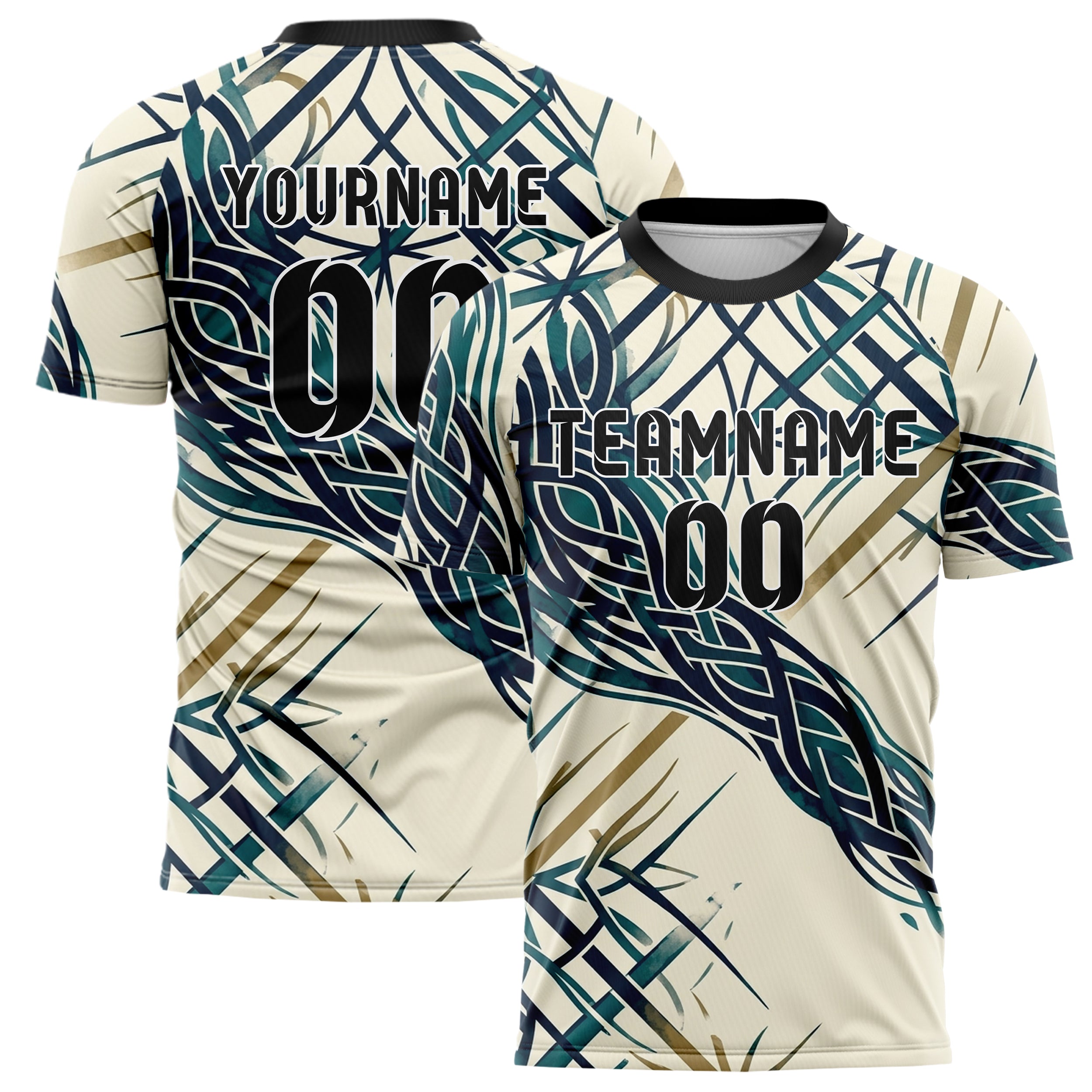 Cream Navy Teal Brass Knotwork Current Web Custom Soccer Jersey