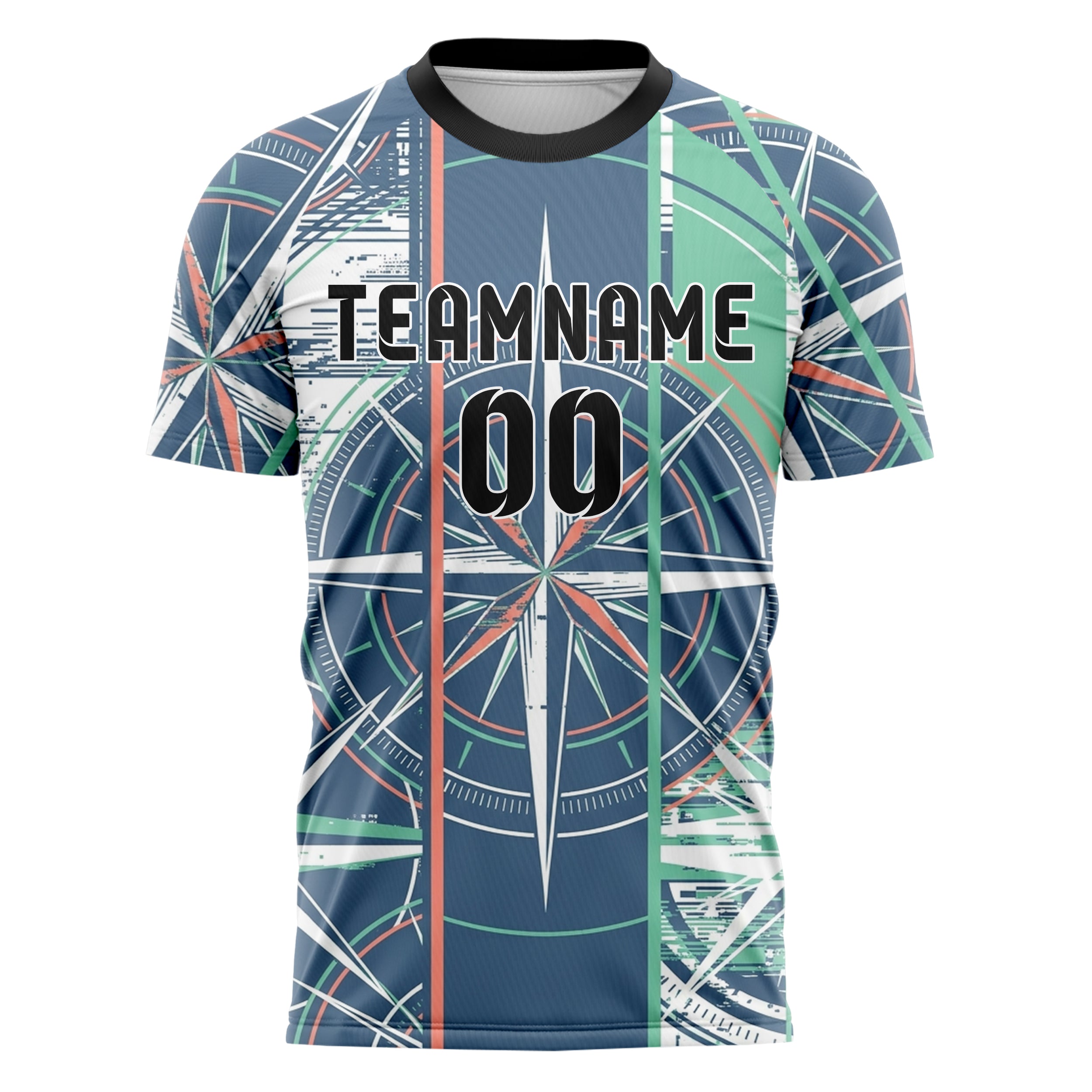 Slate Blue White Seafoam Coral Compass Burst Geometry Custom Soccer Jersey