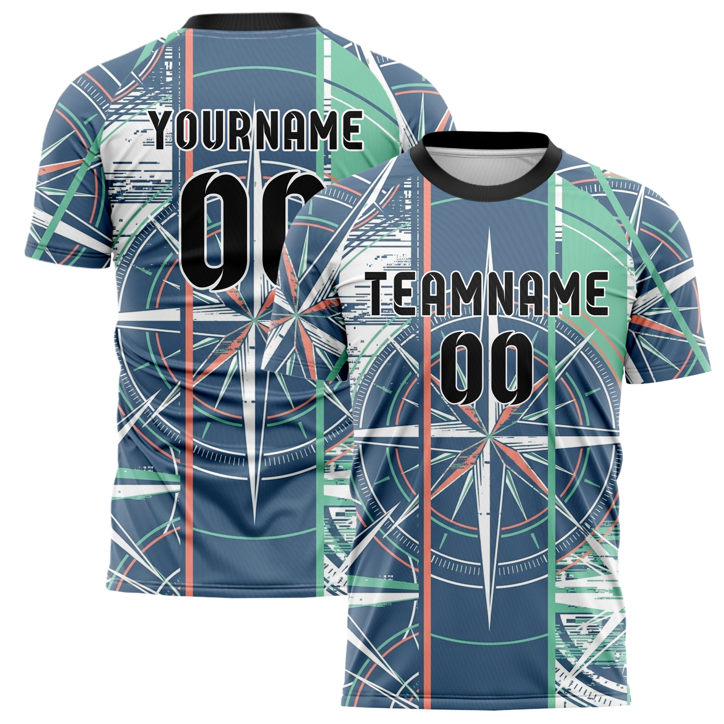 Slate Blue White Seafoam Coral Compass Burst Geometry Custom Soccer Jersey