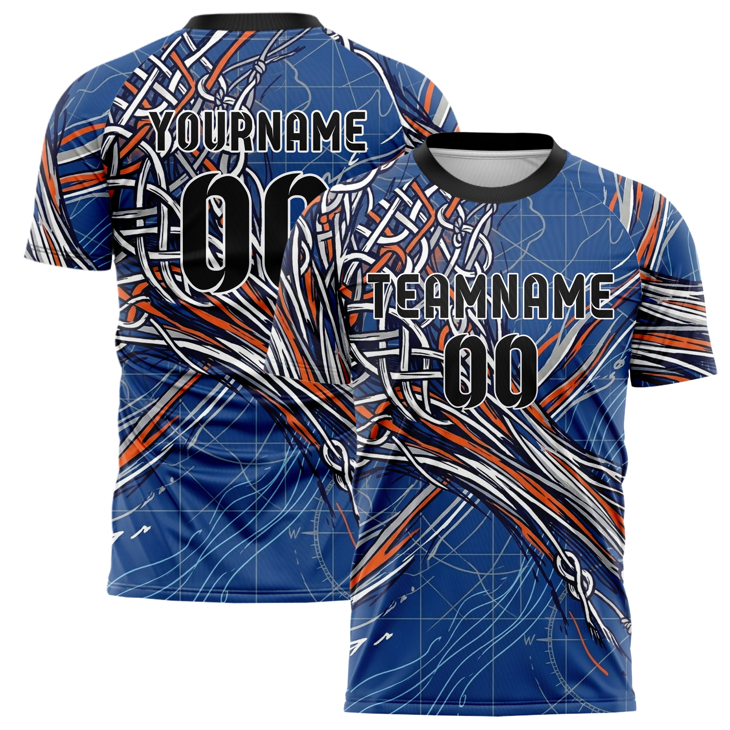 Cobalt Orange White Grey Knotwork Current Web Custom Soccer Jersey