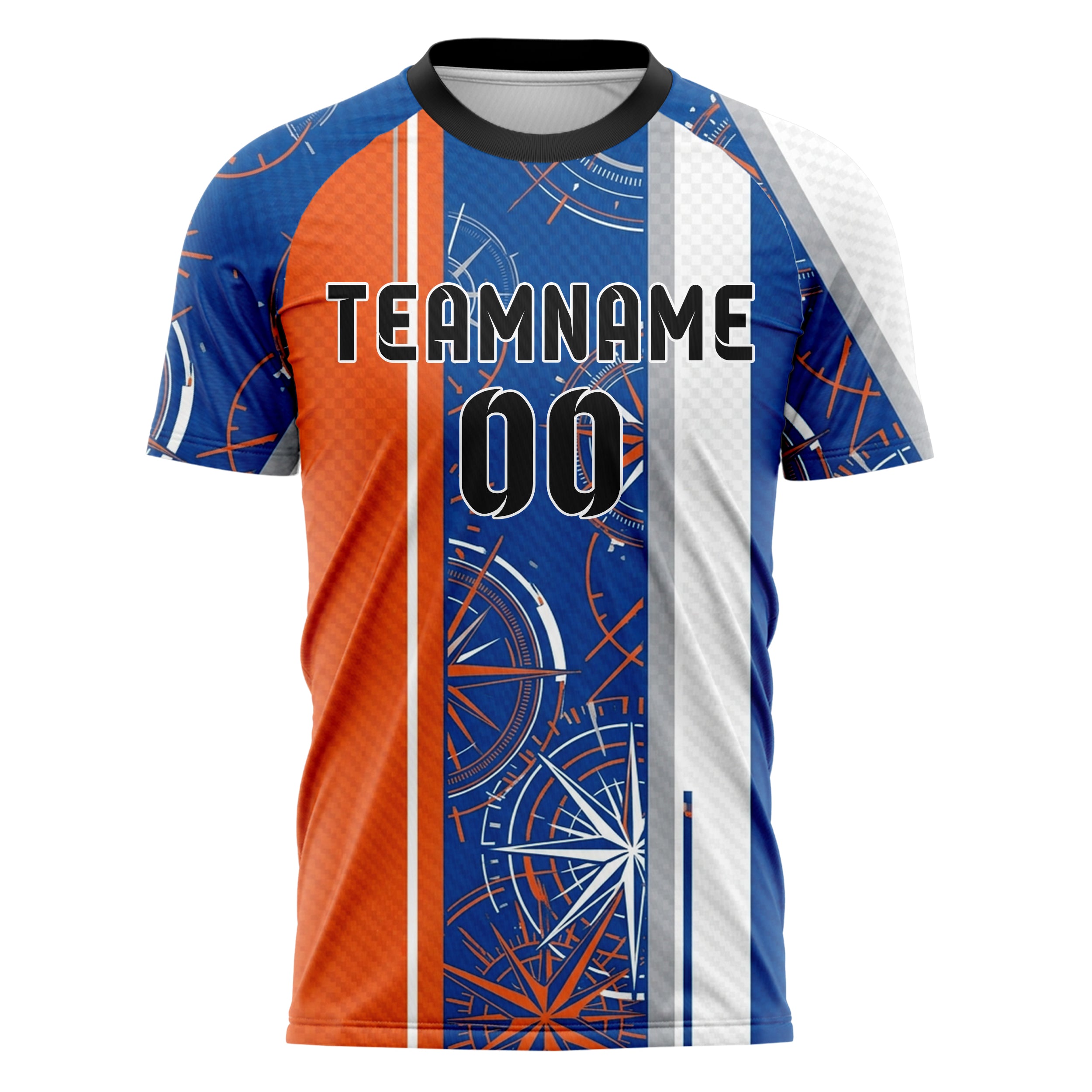 Cobalt Orange White Grey Compass Burst Geometry Custom Soccer Jersey