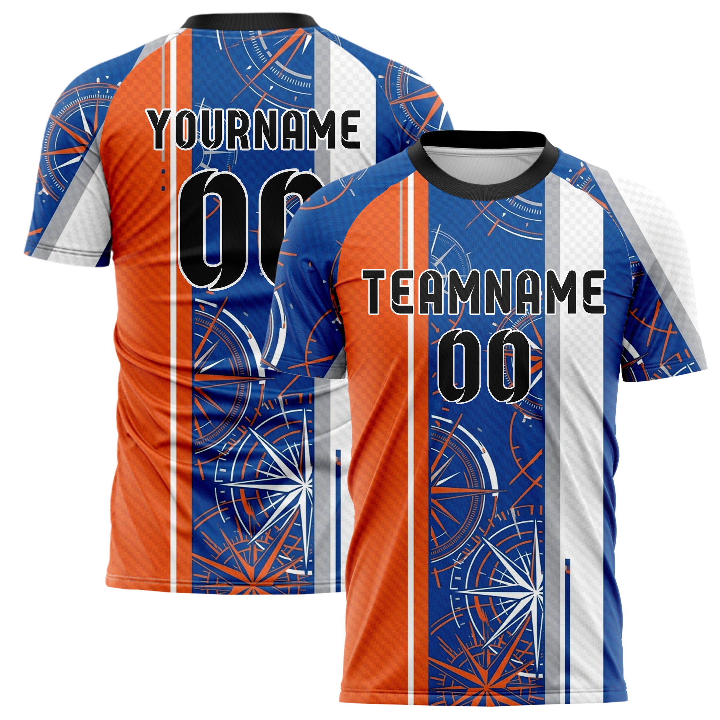 Cobalt Orange White Grey Compass Burst Geometry Custom Soccer Jersey