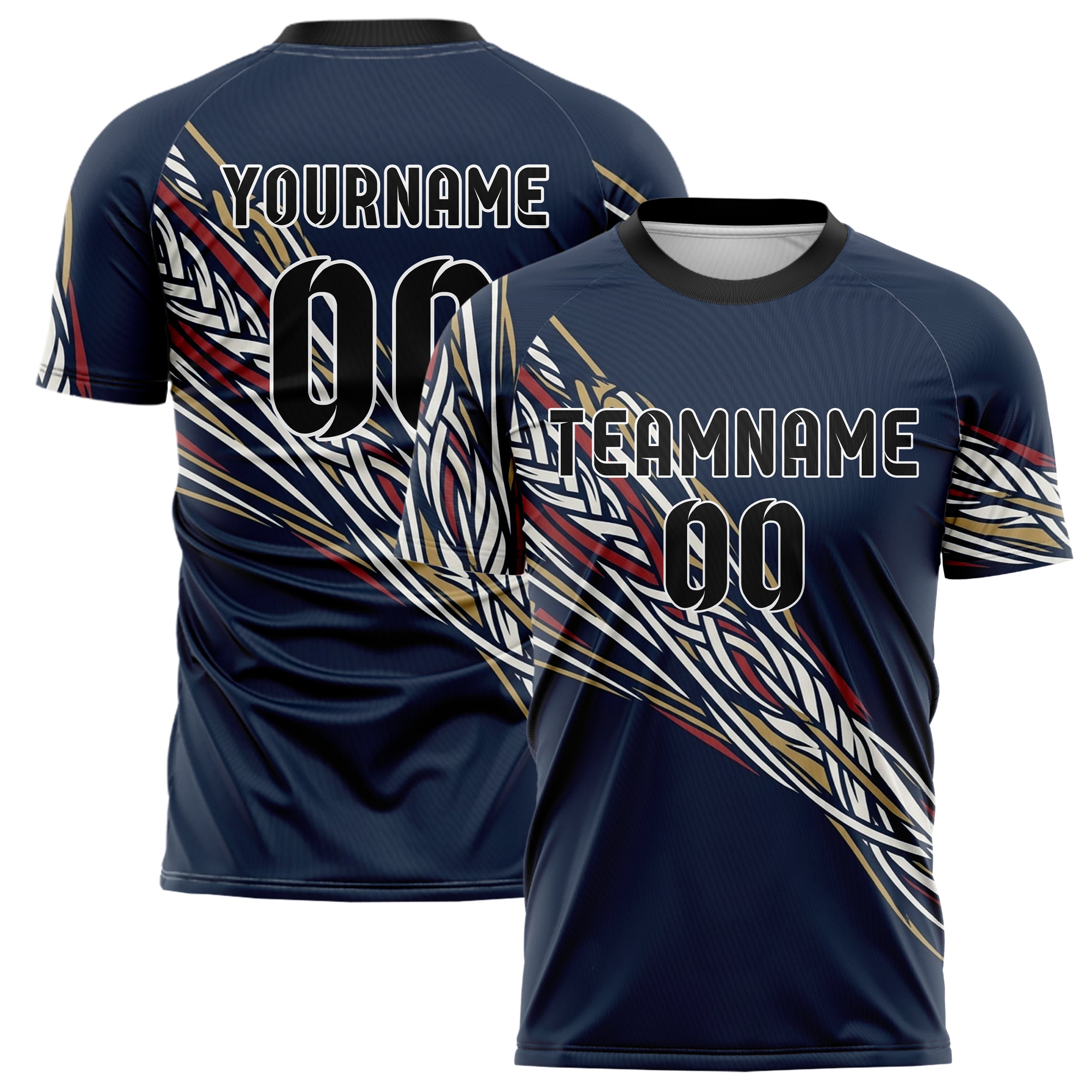 Navy White Red Gold Rope Tension Lattice Custom Soccer Jersey