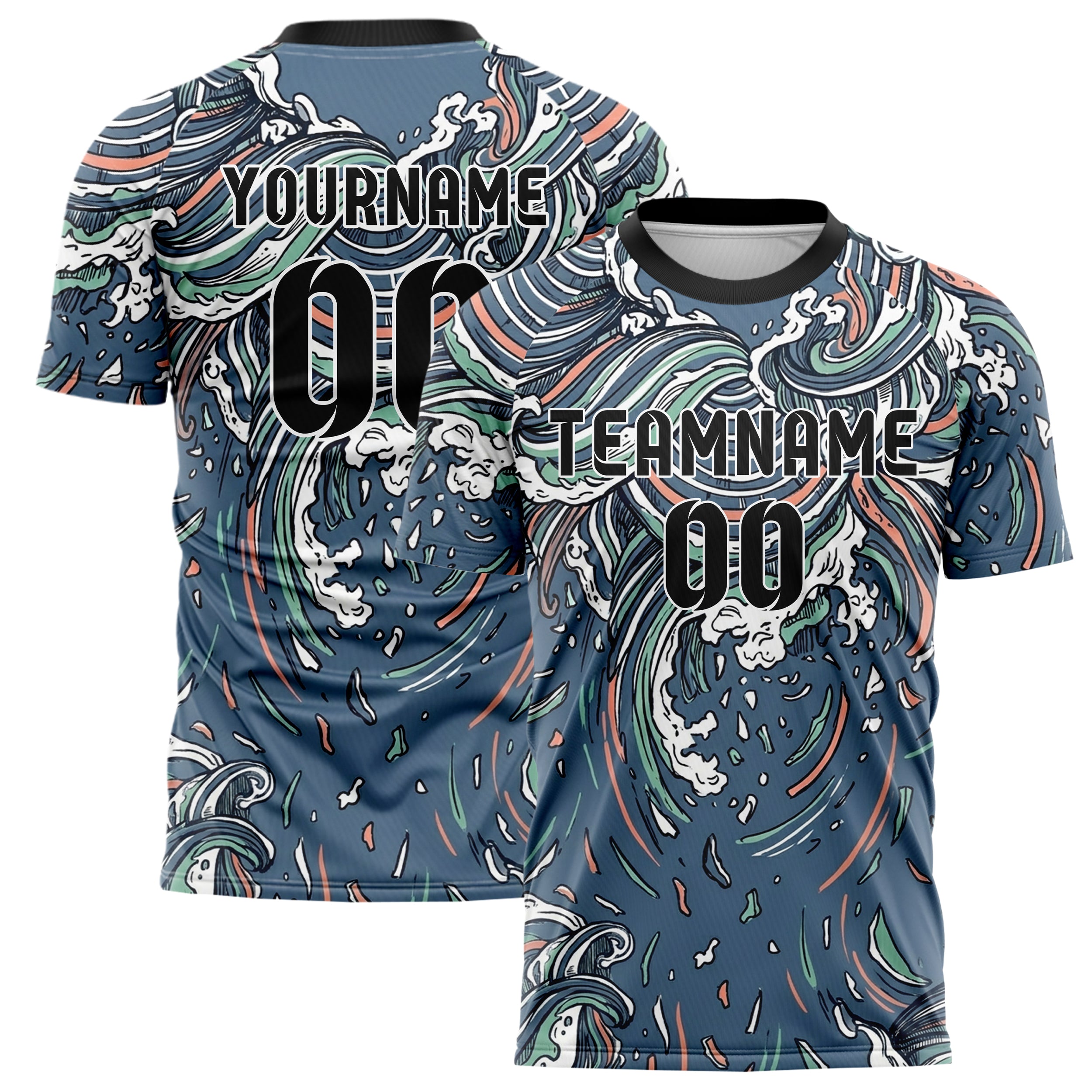 Slate Blue White Seafoam Coral Tide Contour Waves Custom Soccer Jersey