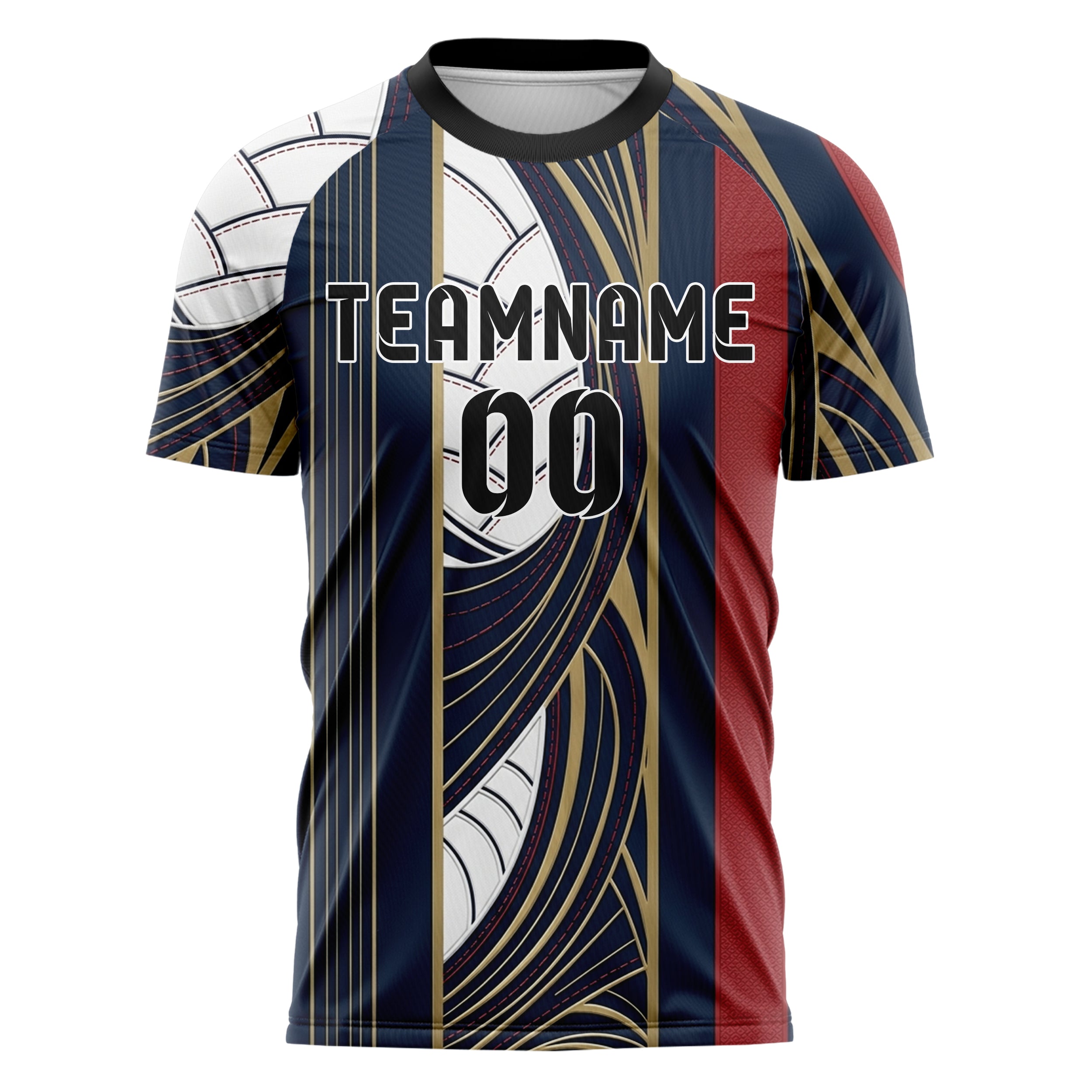 Navy White Red Gold Sailcloth Seam Sweep Custom Soccer Jersey
