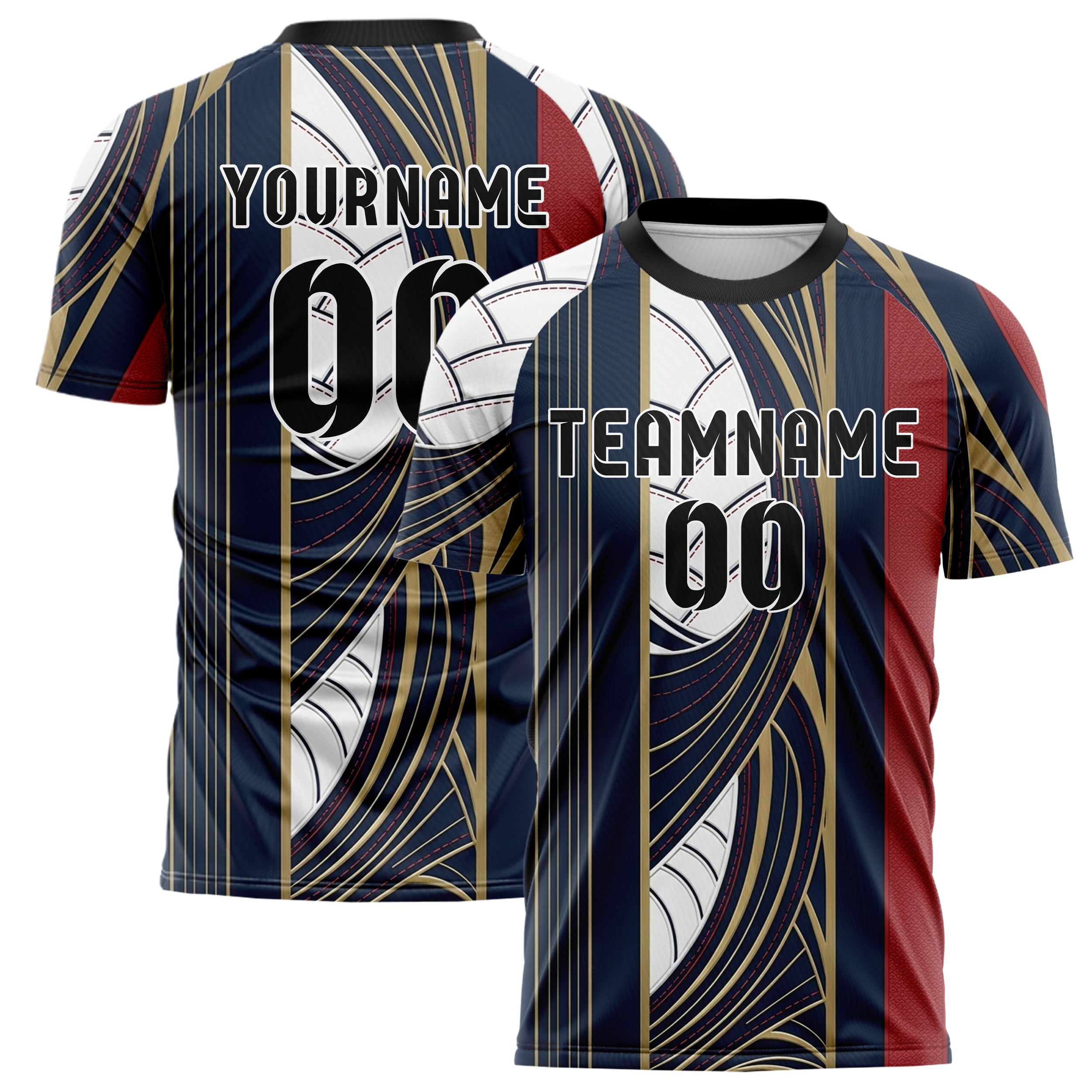 Navy White Red Gold Sailcloth Seam Sweep Custom Soccer Jersey