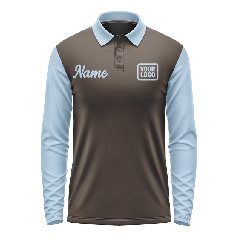 Custom Brown Light Blue Long Sleeve Polo Shirt Pl010808B108