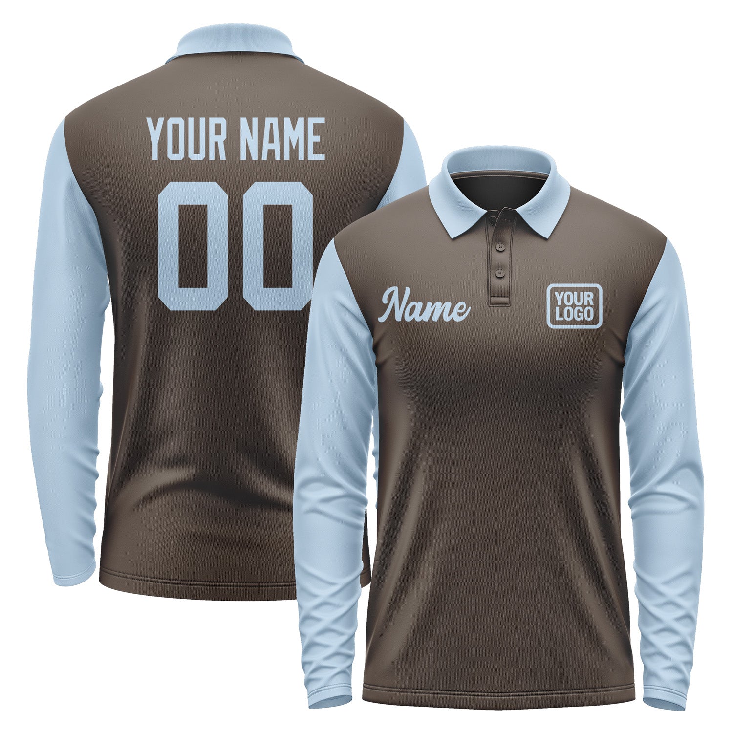 Custom Brown Light Blue Long Sleeve Polo Shirt Pl010808B108