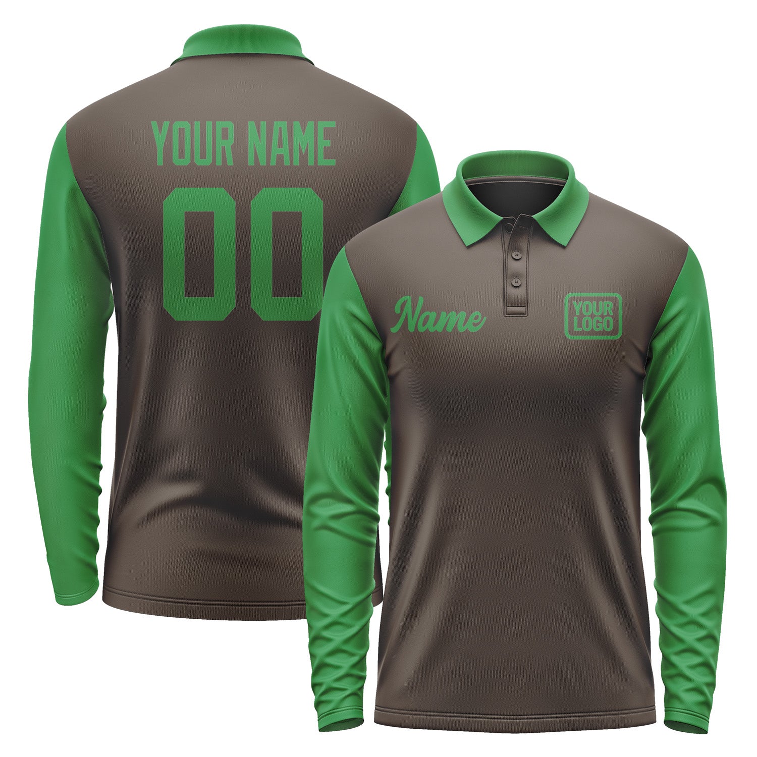 Custom Brown Emerald Green Long Sleeve Polo Shirt Pl012424B124