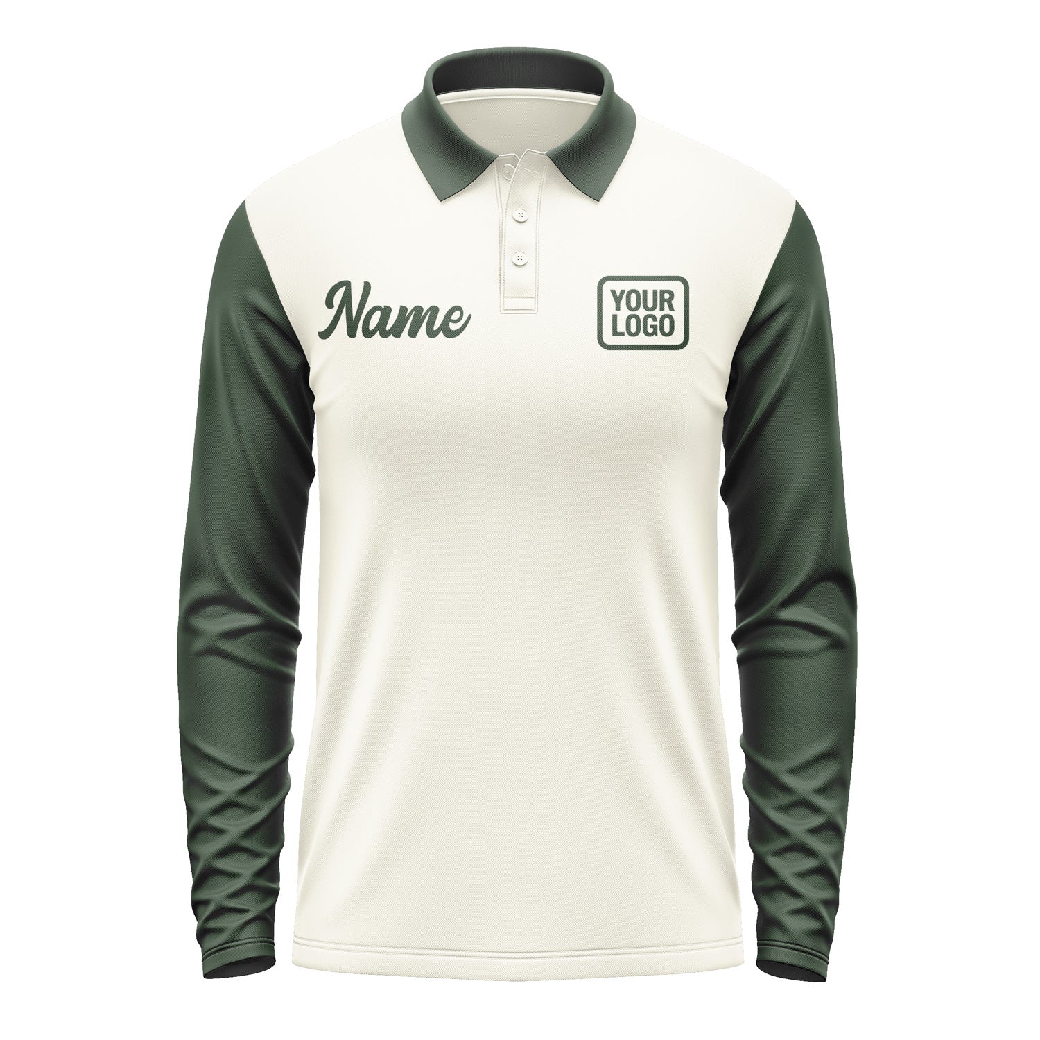 Custom Cream Dark Green Long Sleeve Polo Shirt Pl030606B106