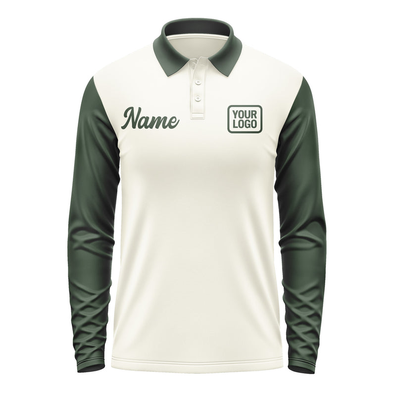 Custom Cream Dark Green Long Sleeve Polo Shirt Pl030606B106
