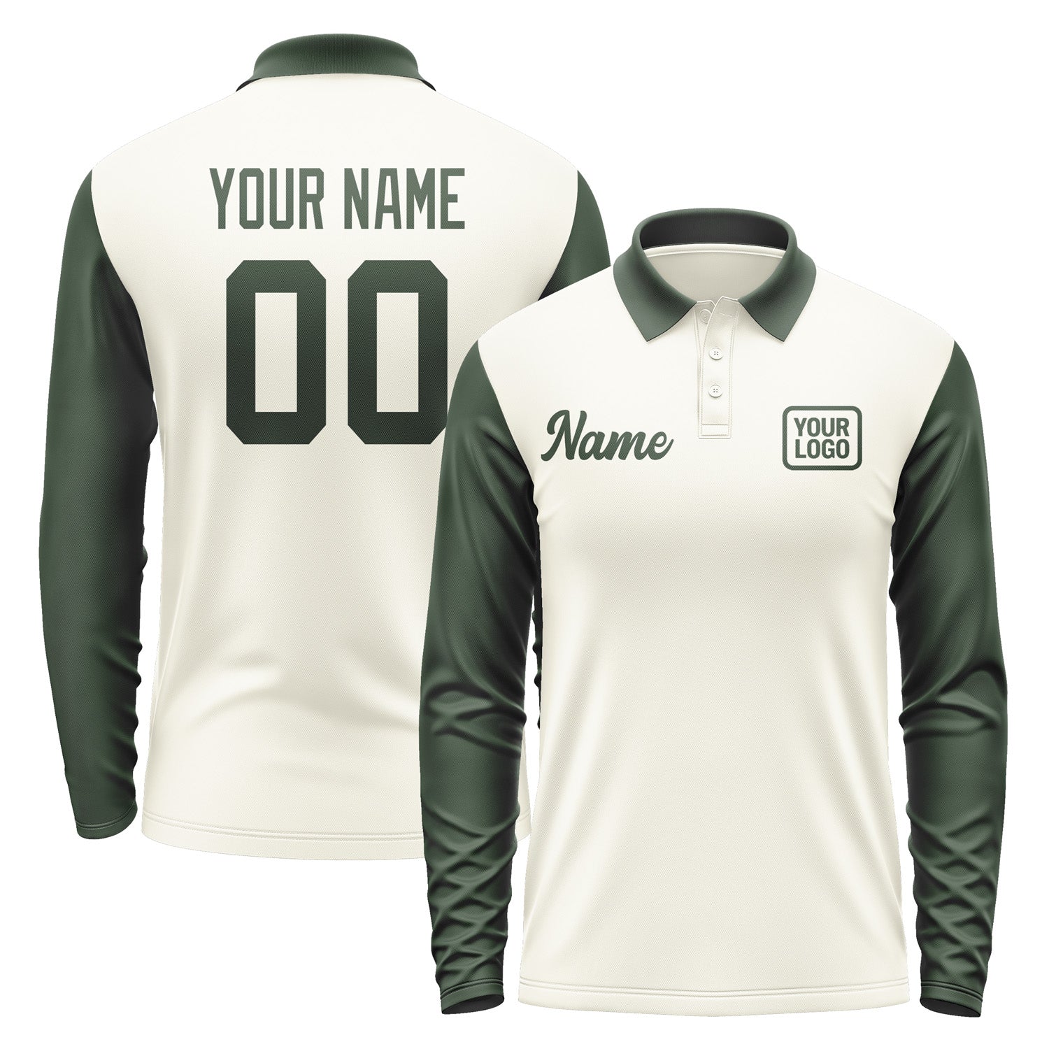 Custom Cream Dark Green Long Sleeve Polo Shirt Pl030606B106