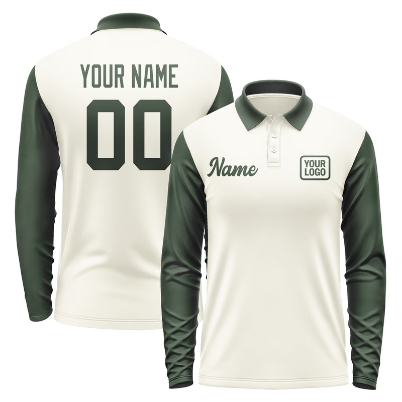 Custom Cream Dark Green Long Sleeve Polo Shirt Pl030606B106
