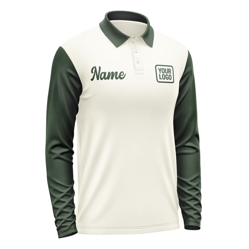 Custom Cream Dark Green Long Sleeve Polo Shirt Pl030606B106