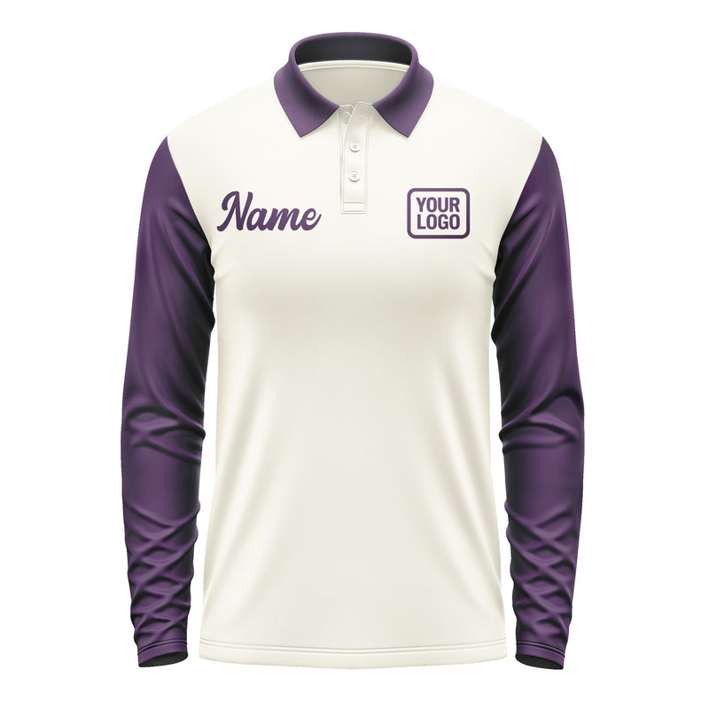 Custom Cream Purple Long Sleeve Polo Shirt Pl030707B107