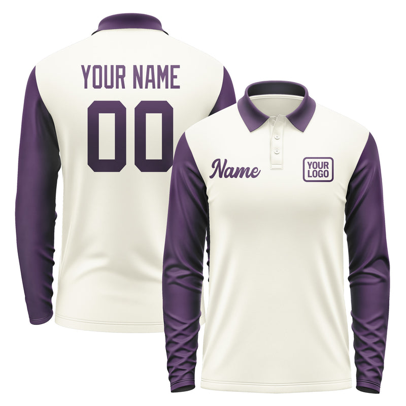 Custom Cream Purple Long Sleeve Polo Shirt Pl030707B107