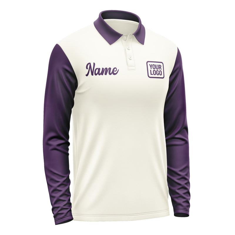 Custom Cream Purple Long Sleeve Polo Shirt Pl030707B107